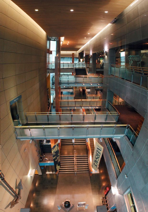 Interior view of a large multi-level commercial atrium with several suspended glass-and-metal walkways, open staircases, dark tiled wall surfaces, extensive glazing, and a slatted timber ceiling. Warm linear and recessed lighting highlights the circulation space and creates a contemporary institutional or retail environment.