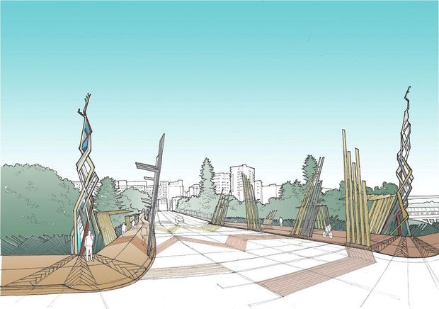 A hand-drawn architectural perspective of a landscaped urban public plaza or rooftop terrace. The broad paved space contains angular timber-toned deck zones, sculptural branching posts, clusters of tall slender planting or screen elements, and seating or circulation areas. Trees and a distant city skyline are visible beyond the open terrace. The image is a conceptual architectural rendering with linework, pale colours, and a turquoise sky.