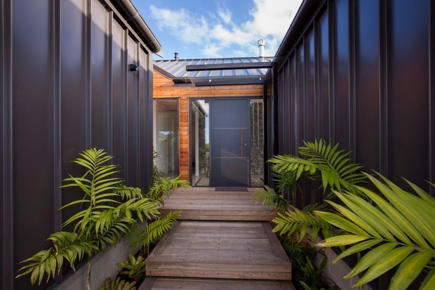 A narrow, landscaped entry courtyard leads along a timber deck and steps to a contemporary dwelling entrance. Tall dark metal-clad walls frame the passage, with warm timber wall cladding around the glazed entry and a translucent pitched roof section above. Lush tropical planting softens the hard-edged architecture.