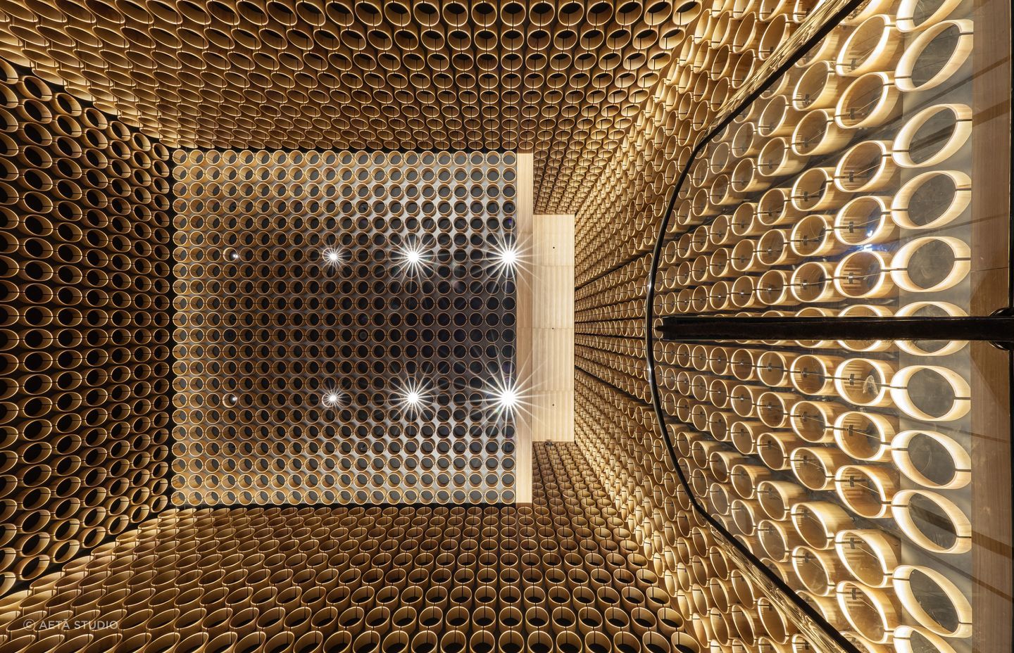 Timber hoops create a work of art above.