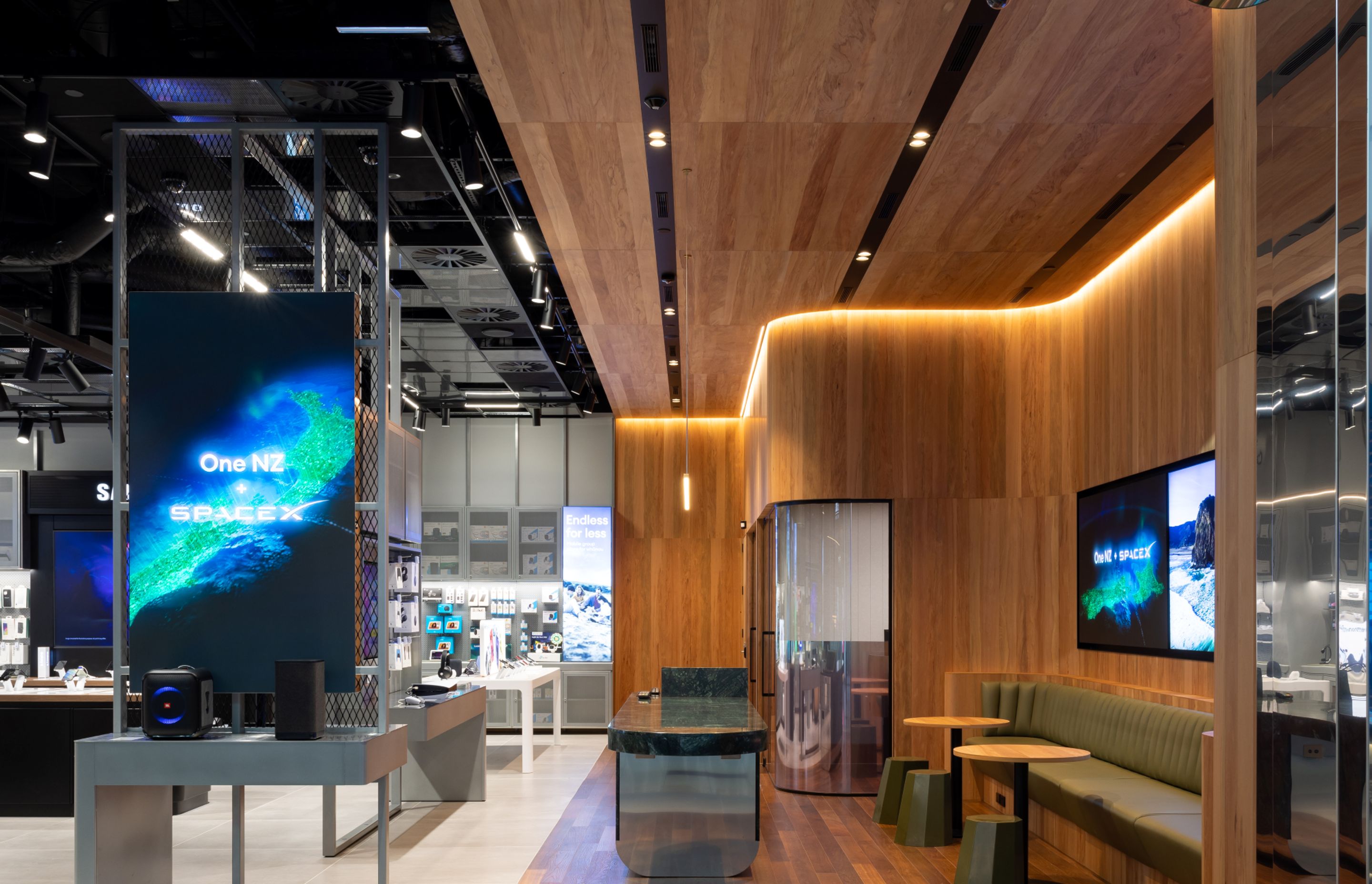 Dimension Shopfitters is set to roll out the conversion of Vodafone stores into One NZ stores. This One NZ store at Sylvia Park was one of the first stores to be transformed.