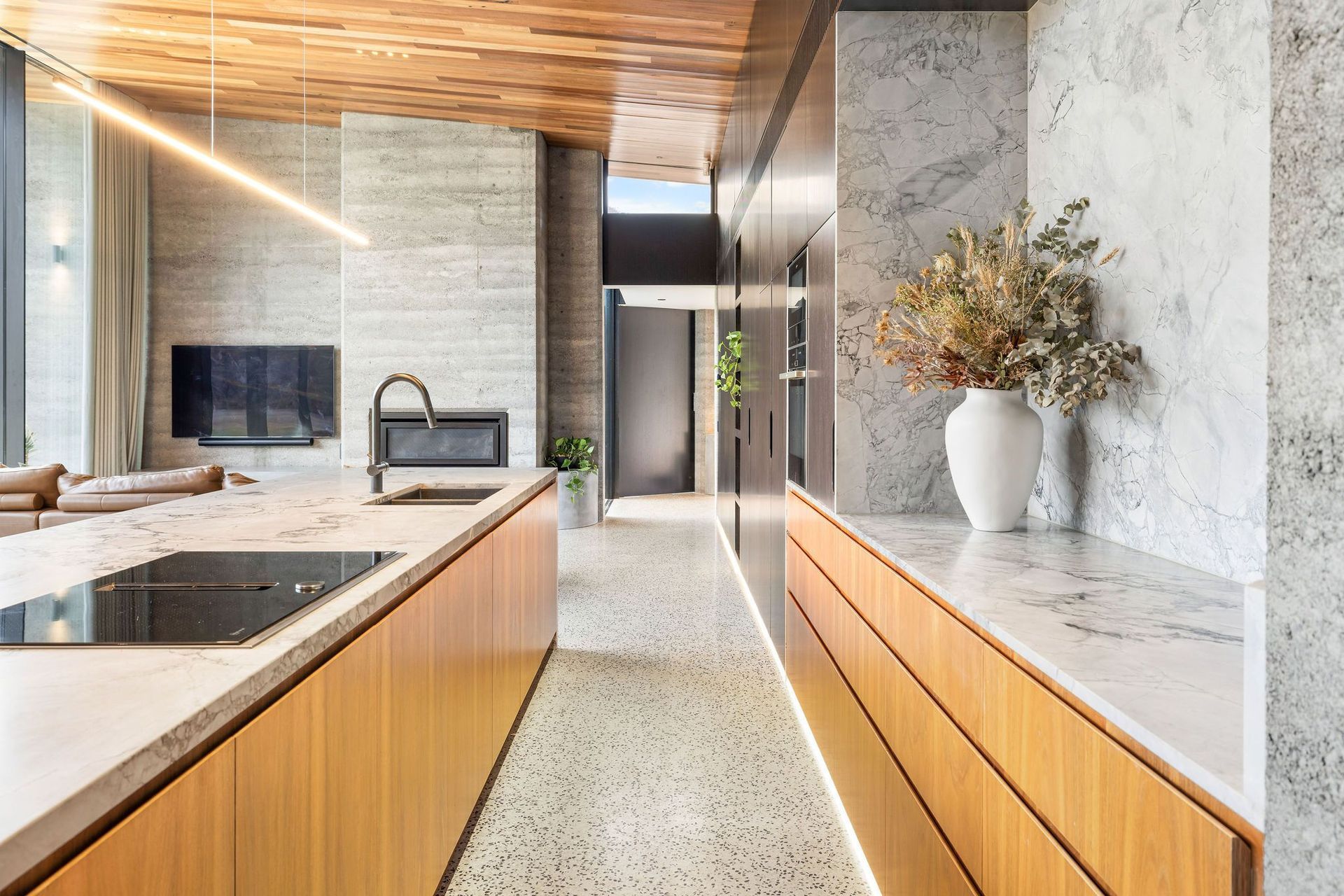 The owners wanted the home's materiality to reflect the exterior and create a calm, moody atmosphere.