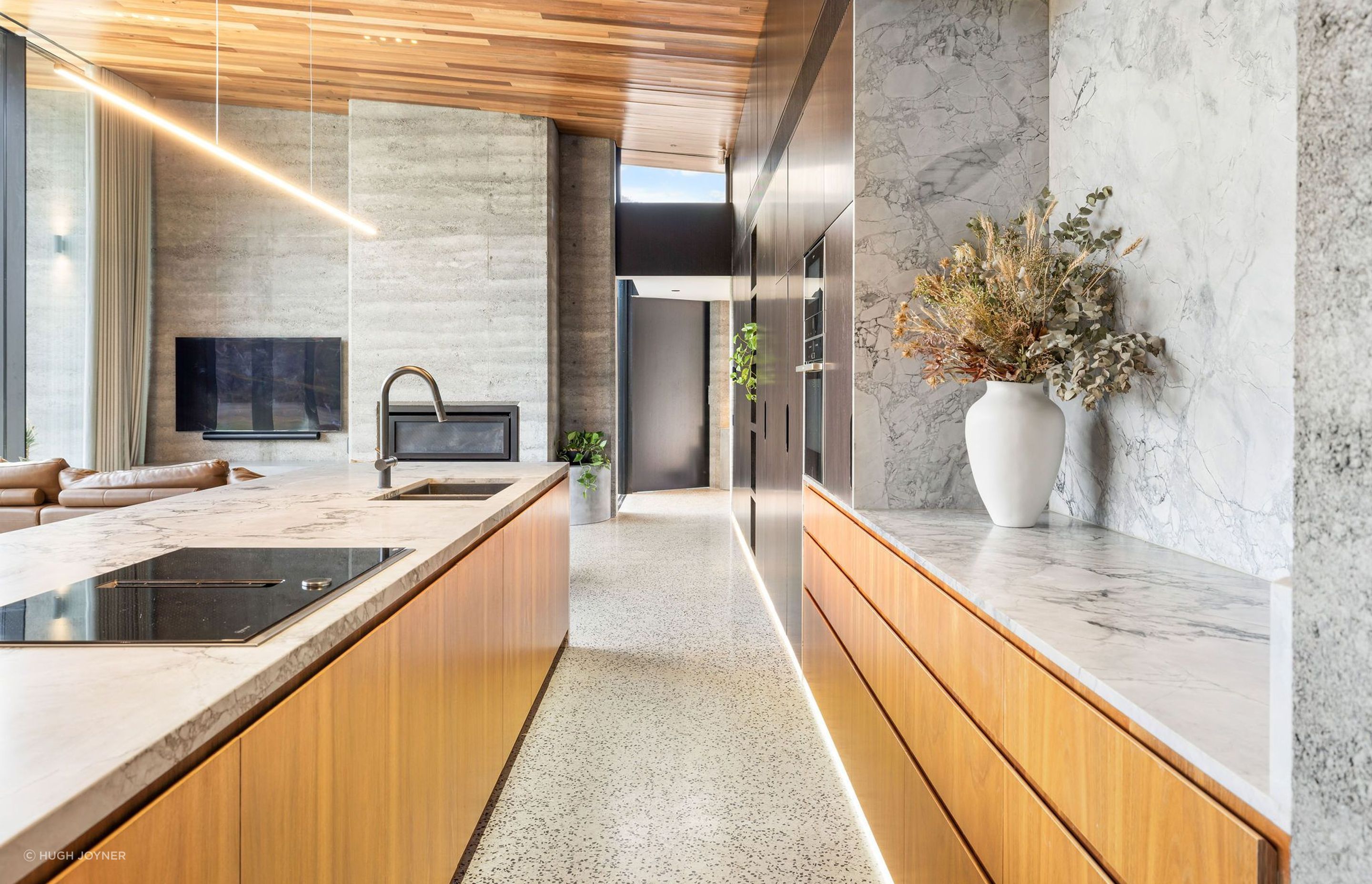 The owners wanted the home's materiality to reflect the exterior and create a calm, moody atmosphere.
