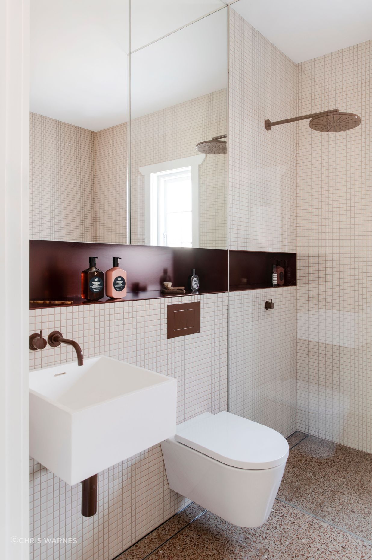 Rich tones in the bathroom.