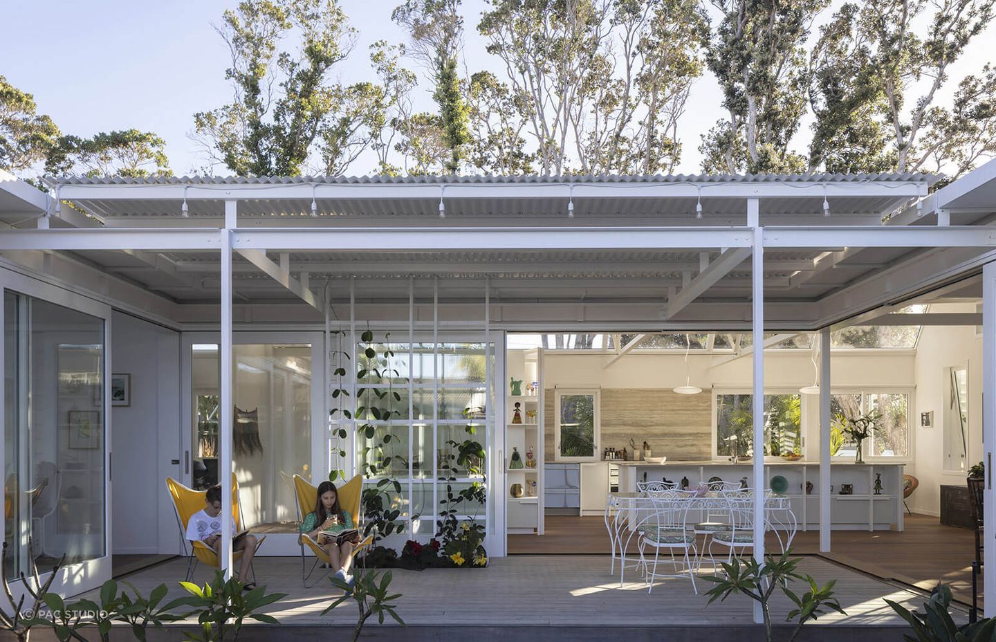 Mature pōhutukawa surround the site