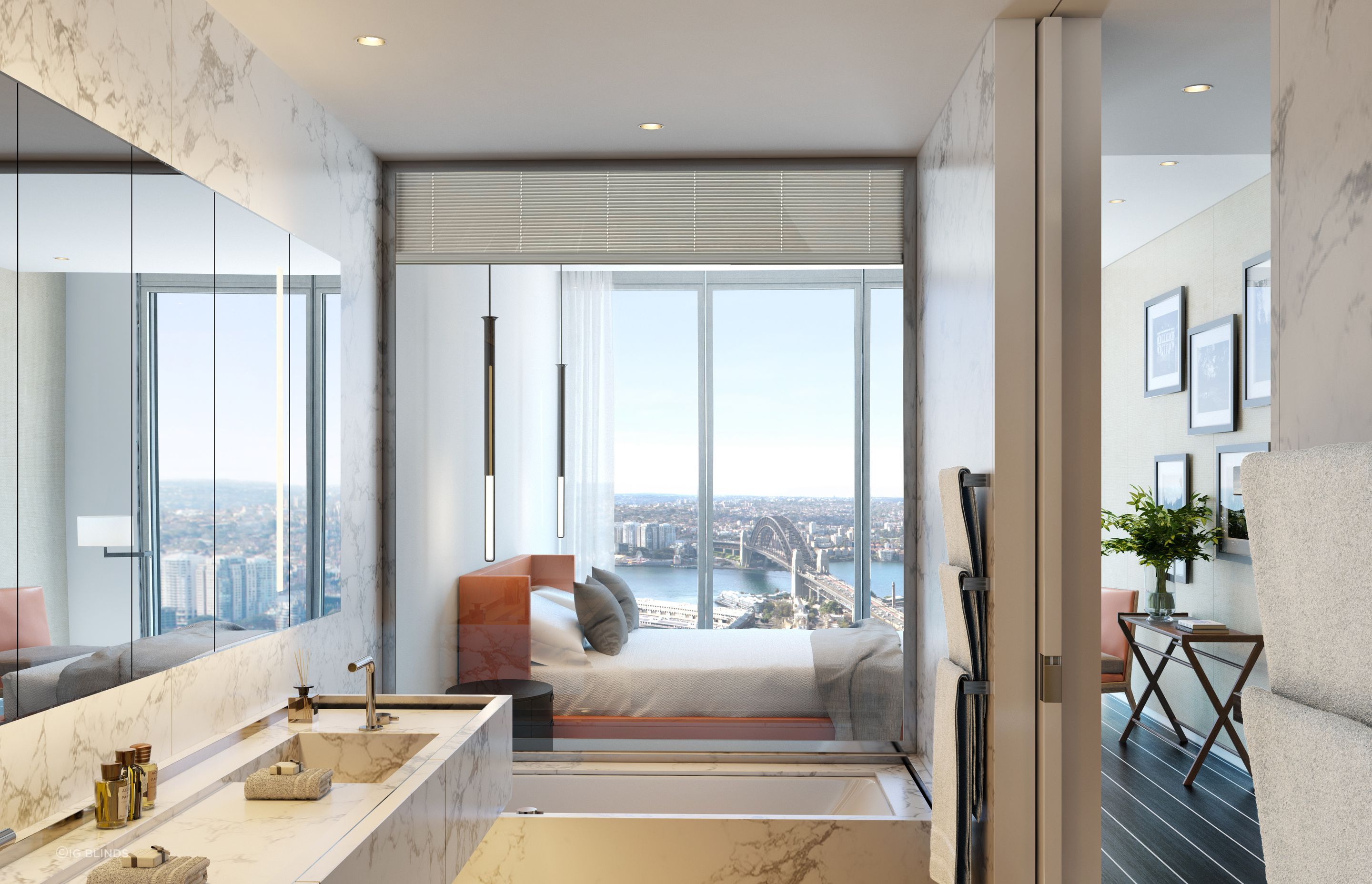 With expansive views of the harbour, the luxury apartments are available in one-, two, and three-bedroom configurations.