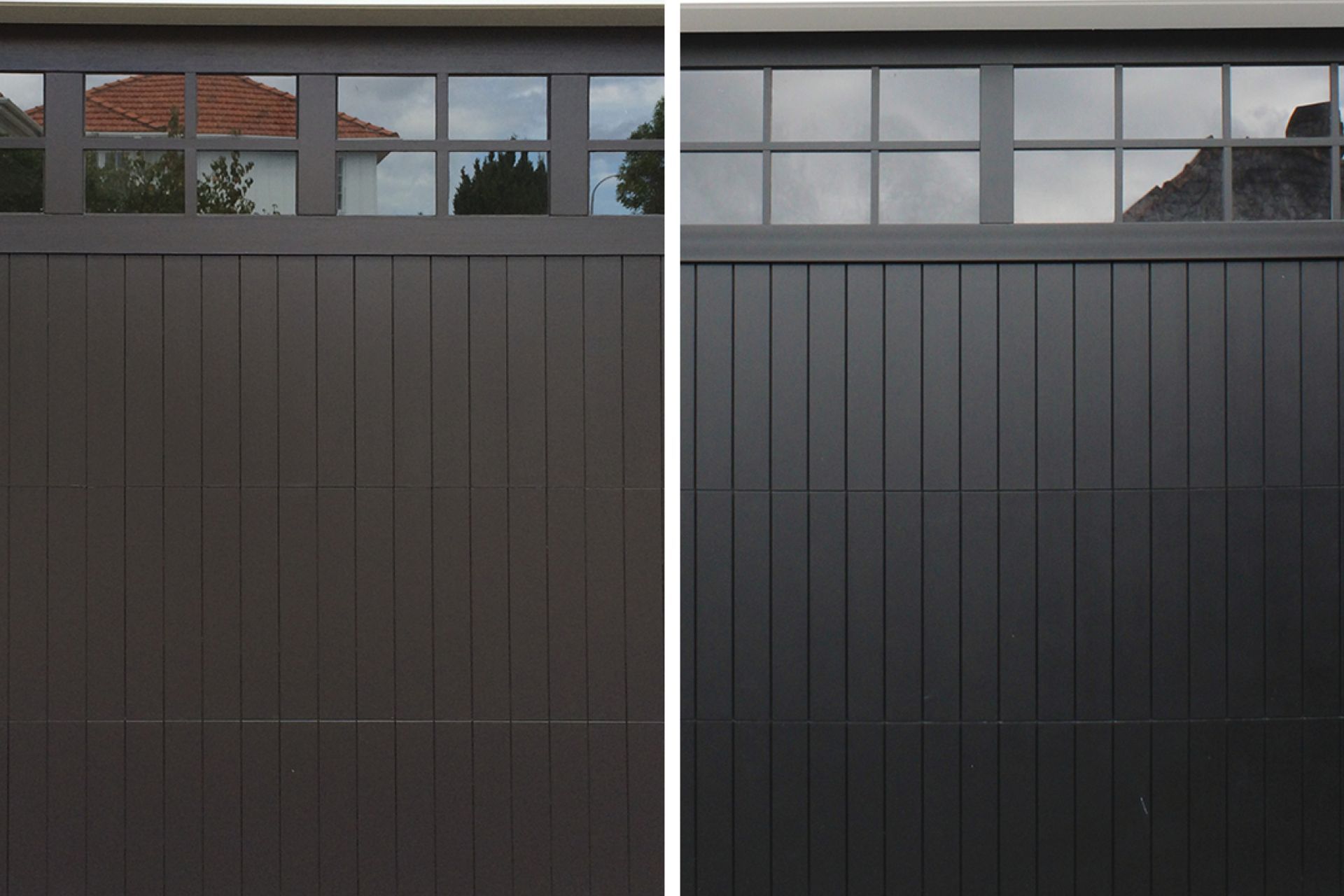 Before and after: on the left is the original natural cedar TGV garage door, on the right is the low-maintenance aluminium TGV garage door from Prestige Doors & Gates.