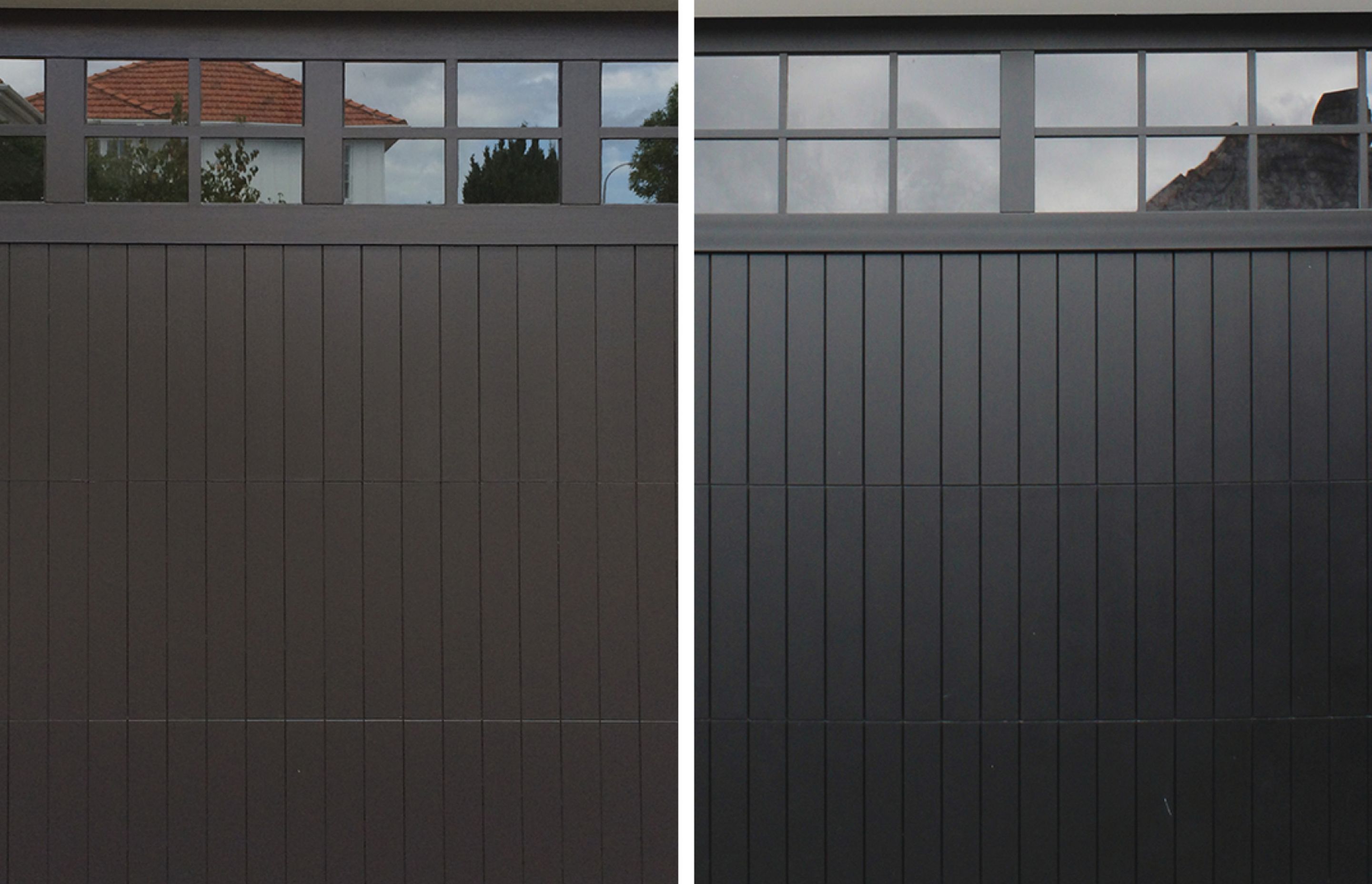 Before and after: on the left is the original natural cedar TGV garage door, on the right is the low-maintenance aluminium TGV garage door from Prestige Doors &amp; Gates.