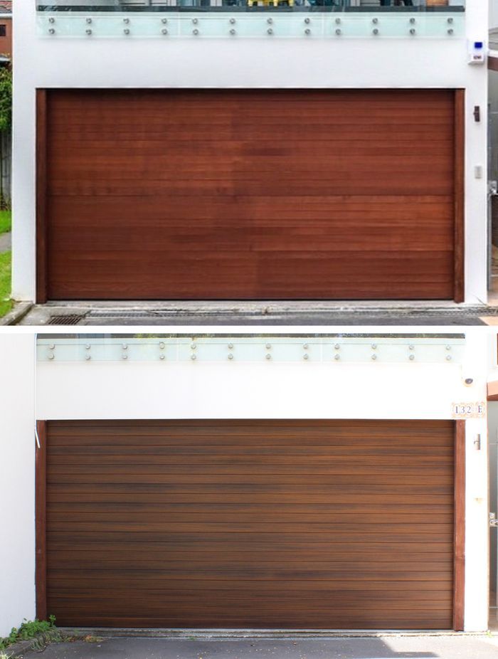 Same project, different doors: the top image shows the original natural cedar door, which has been stained and requires ongoing maintenance every 2—3 years. The bottom image is the timber-look aluminium door, which requires no ongoing maintenance.