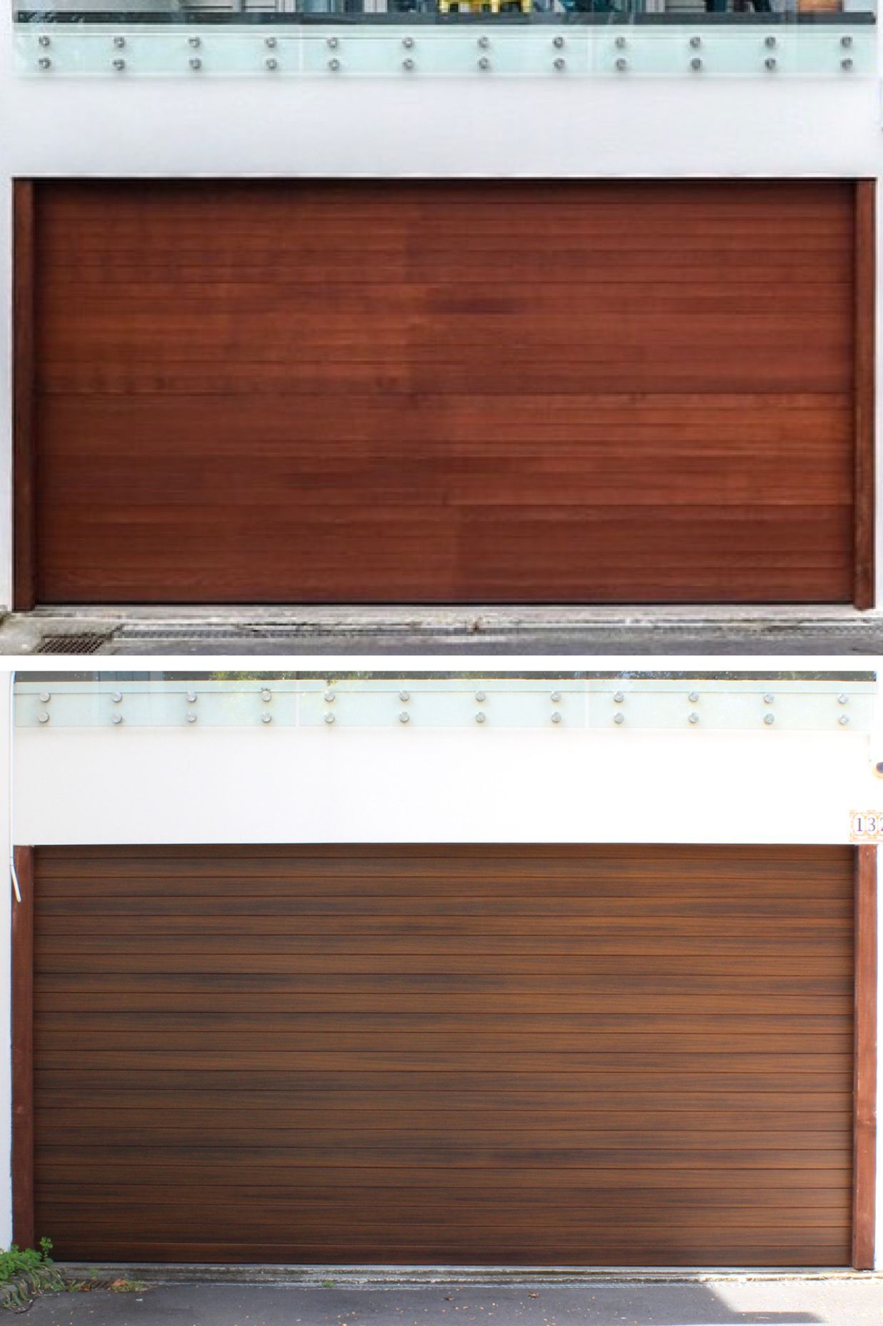 Same project, different doors: the top image shows the original natural cedar door, which has been stained and requires ongoing maintenance every 2—3 years. The bottom image is the timber-look aluminium door, which requires no ongoing maintenance.