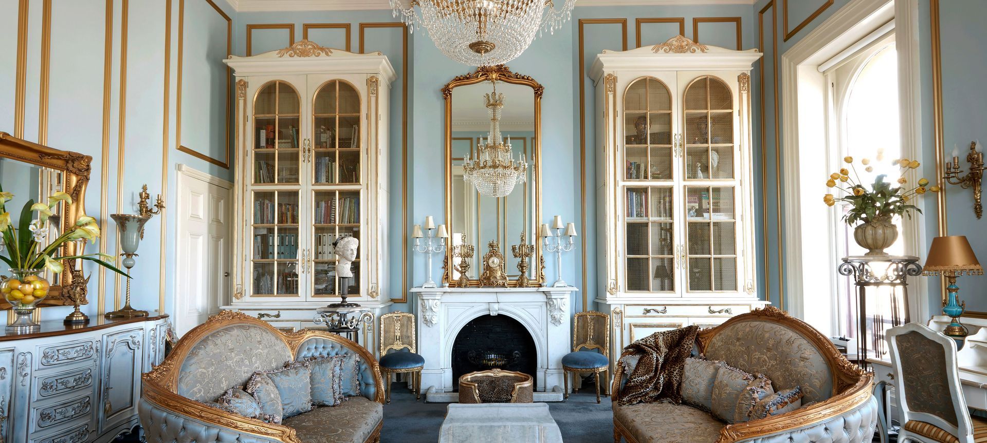 Mark Alexander Design Artistry's Ballarat studio, located in a historic 1850s bank, embraces a luxury French Versailles interior with custom Mark Alexander furniture and textiles.