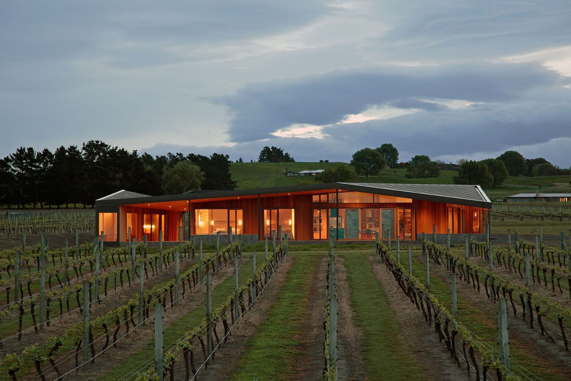 The Robertson House by Bonnifait & Giesen Architects has an elongated folding roof that relates to the surrounding hills and vineyards. Photography by Russell Kleyn.