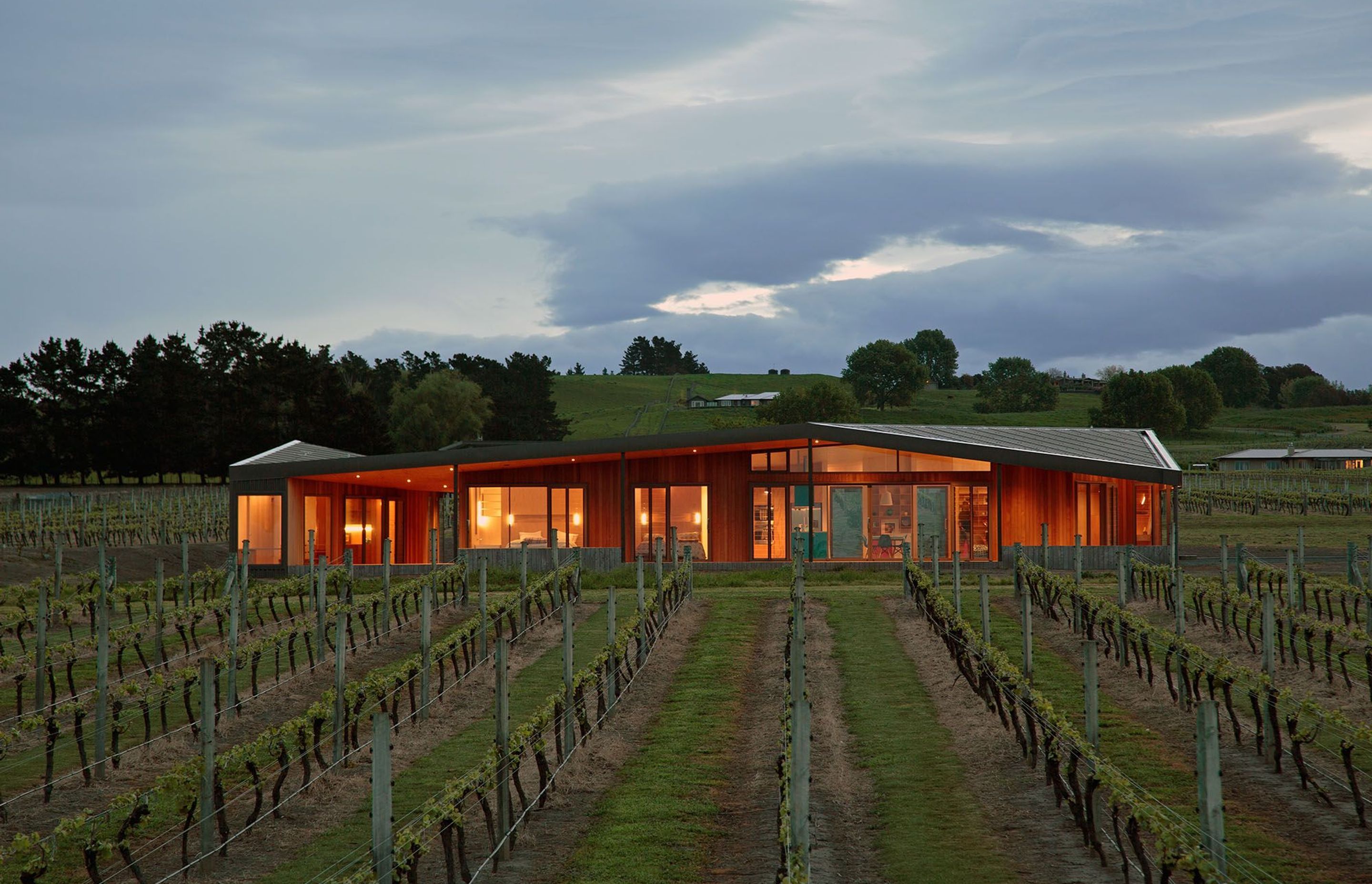 The Robertson House by Bonnifait &amp; Giesen Architects has an elongated folding roof that relates to the surrounding hills and vineyards. Photography by Russell Kleyn.