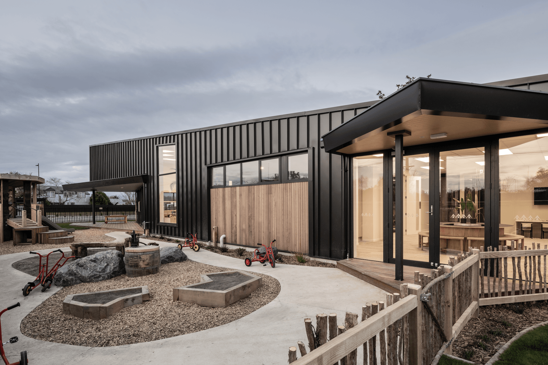 For most of Halswell’s exterior, metal cladding was the preferred material, being ideal in this context for its sleek, uniform appeal and low overall cost.