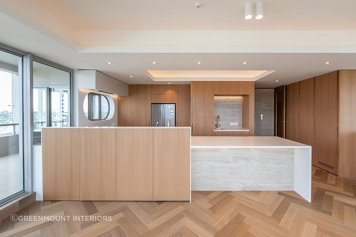 Amercian White Oak, quarter-cut veneer with a Woca Sand Grey stain throughout the Herne Bay Penthouse.