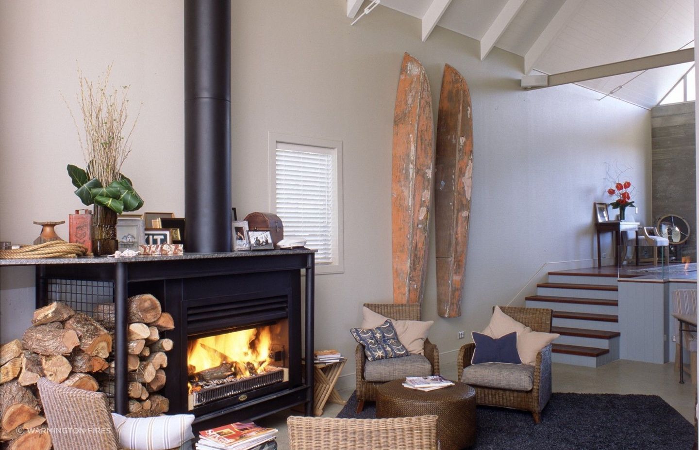 Wood fires, like this one from Warmington Fires, can be an effective and simple way to heat an off-grid home.