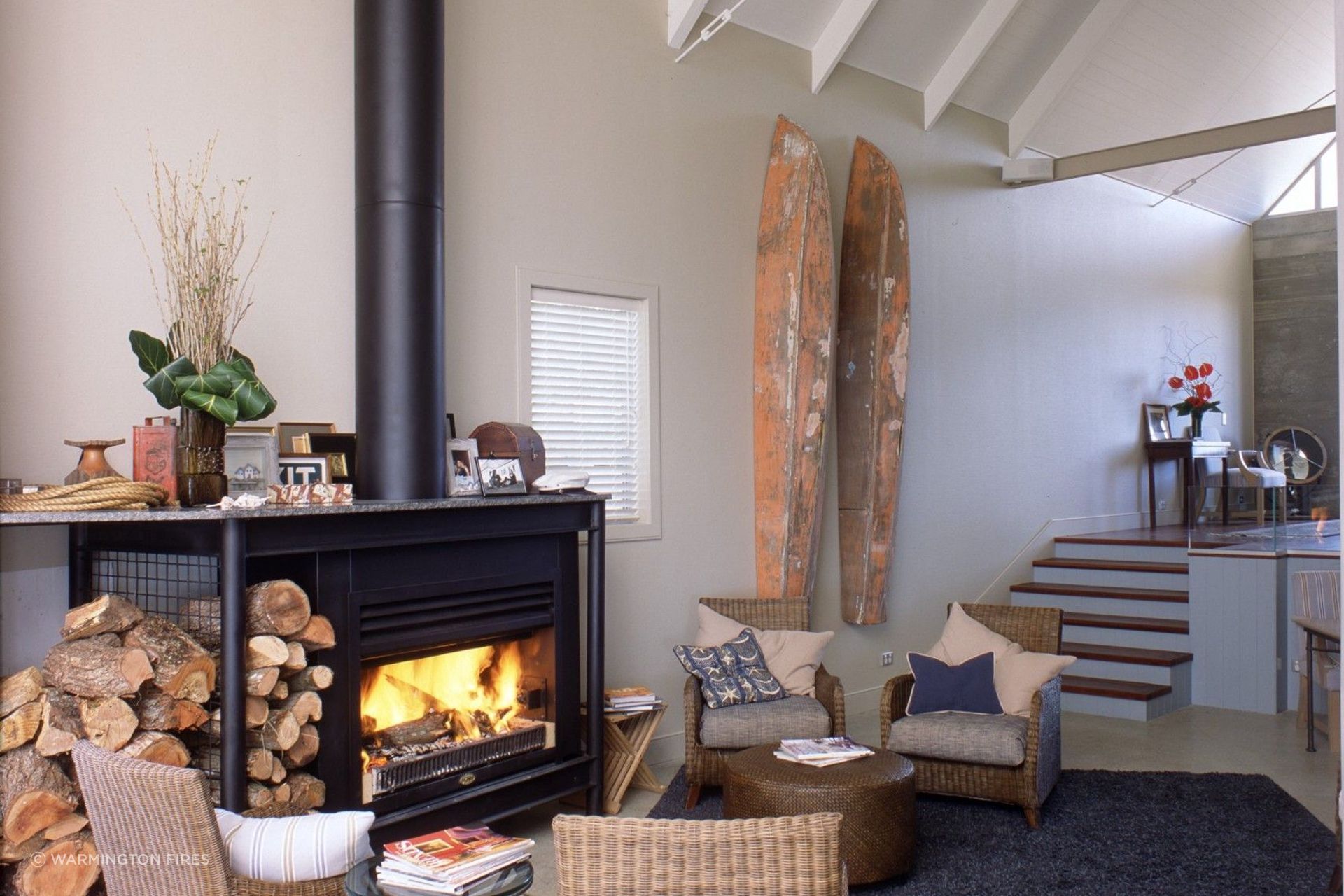 Wood fires, like this one from Warmington Fires, can be an effective and simple way to heat an off-grid home.