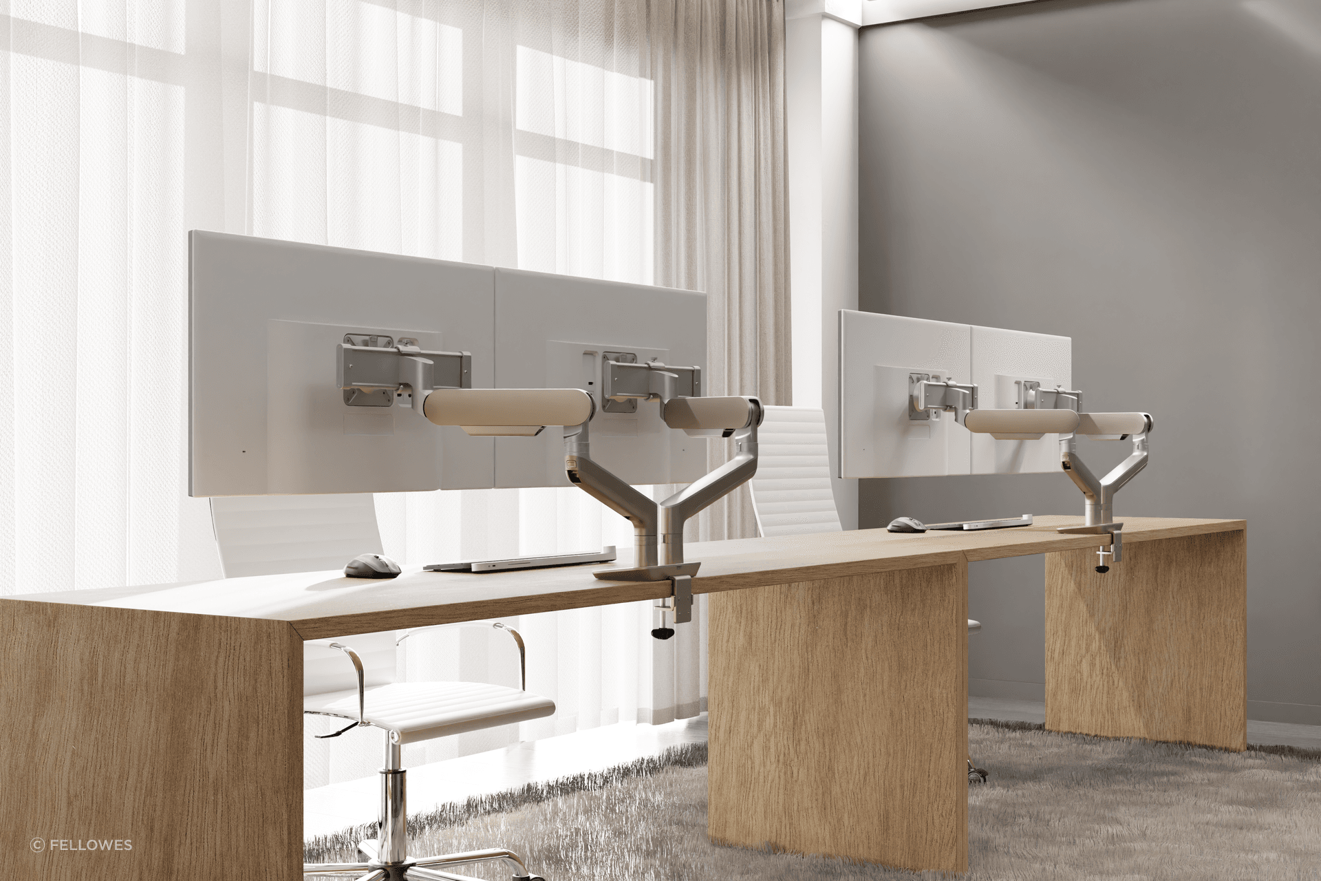 Fellowes’ Rising Monitor Arms improves efficiency and workflow by enhancing ergonomic comfort and optimising desk space.