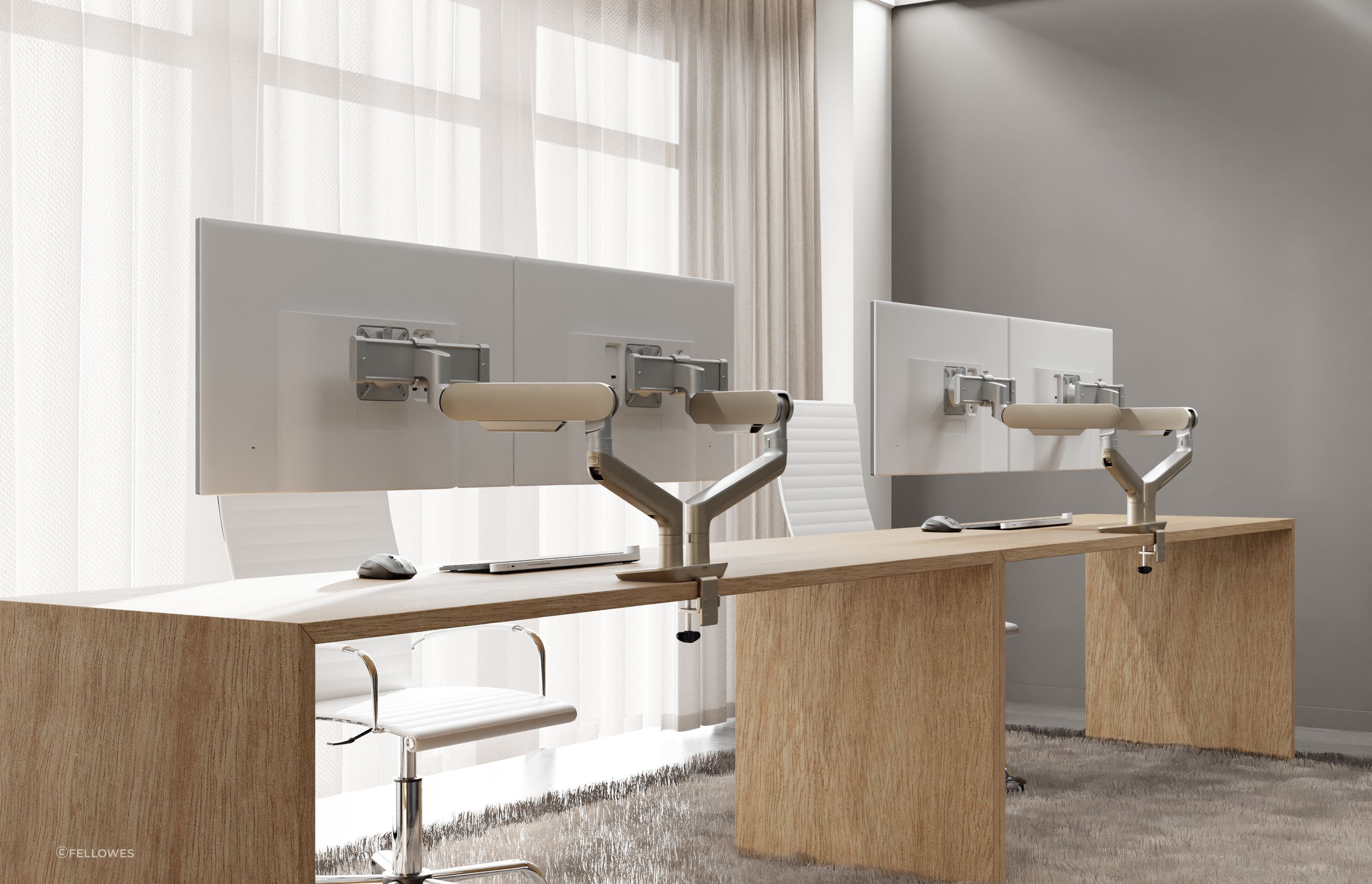 Fellowes’ Rising Monitor Arms improves efficiency and workflow by enhancing ergonomic comfort and optimising desk space.