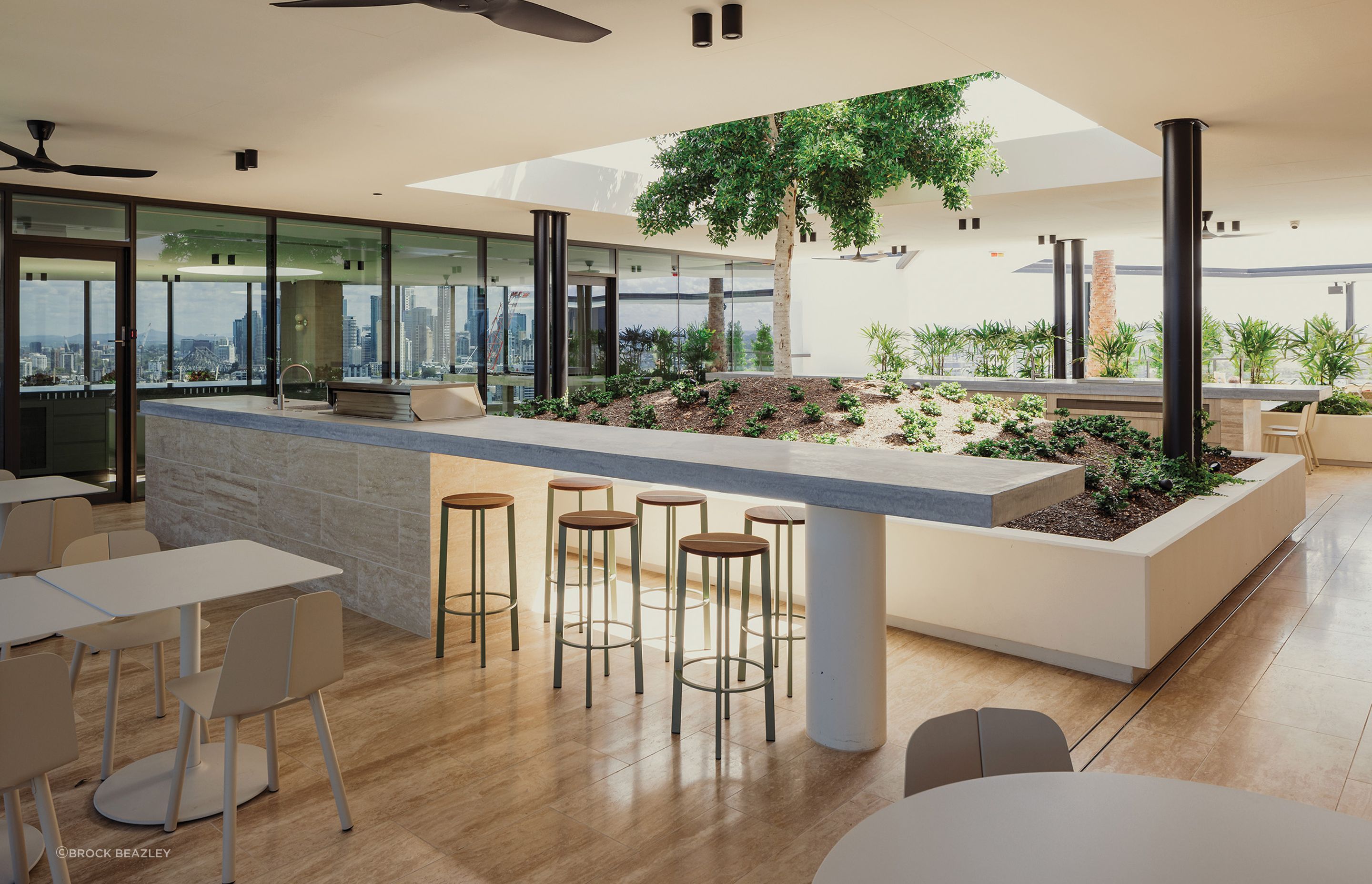 Luminaire's dining space features hard-wearing tiles from Signorino.