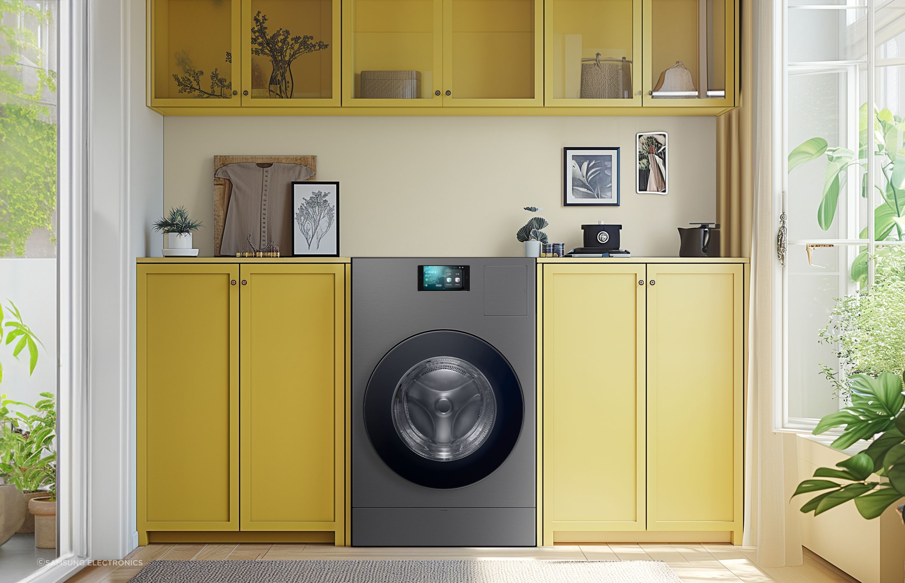 The 18kg capacity drum is the largest in its class and the elevated, modern design with signature Samsung bespoke details, including a flat panel glass door and dark steel finish brings style to any laundry space.