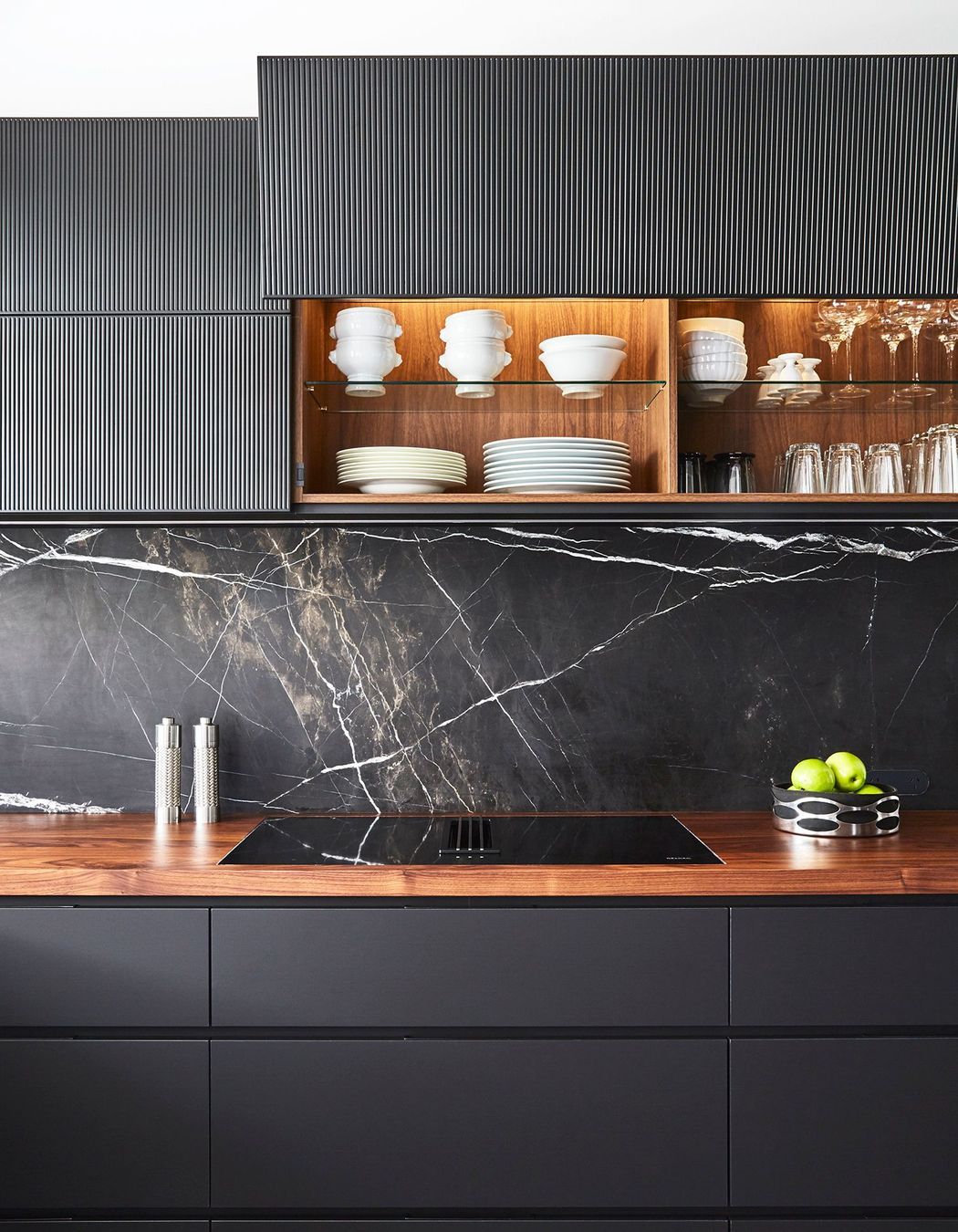 Bruno Perla honed marble splashback draws the eye.
