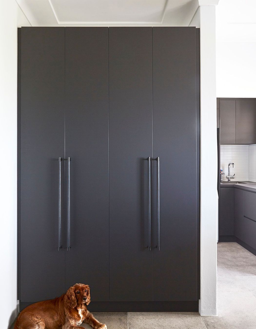 striking black cabinetry continues into the utility areas.