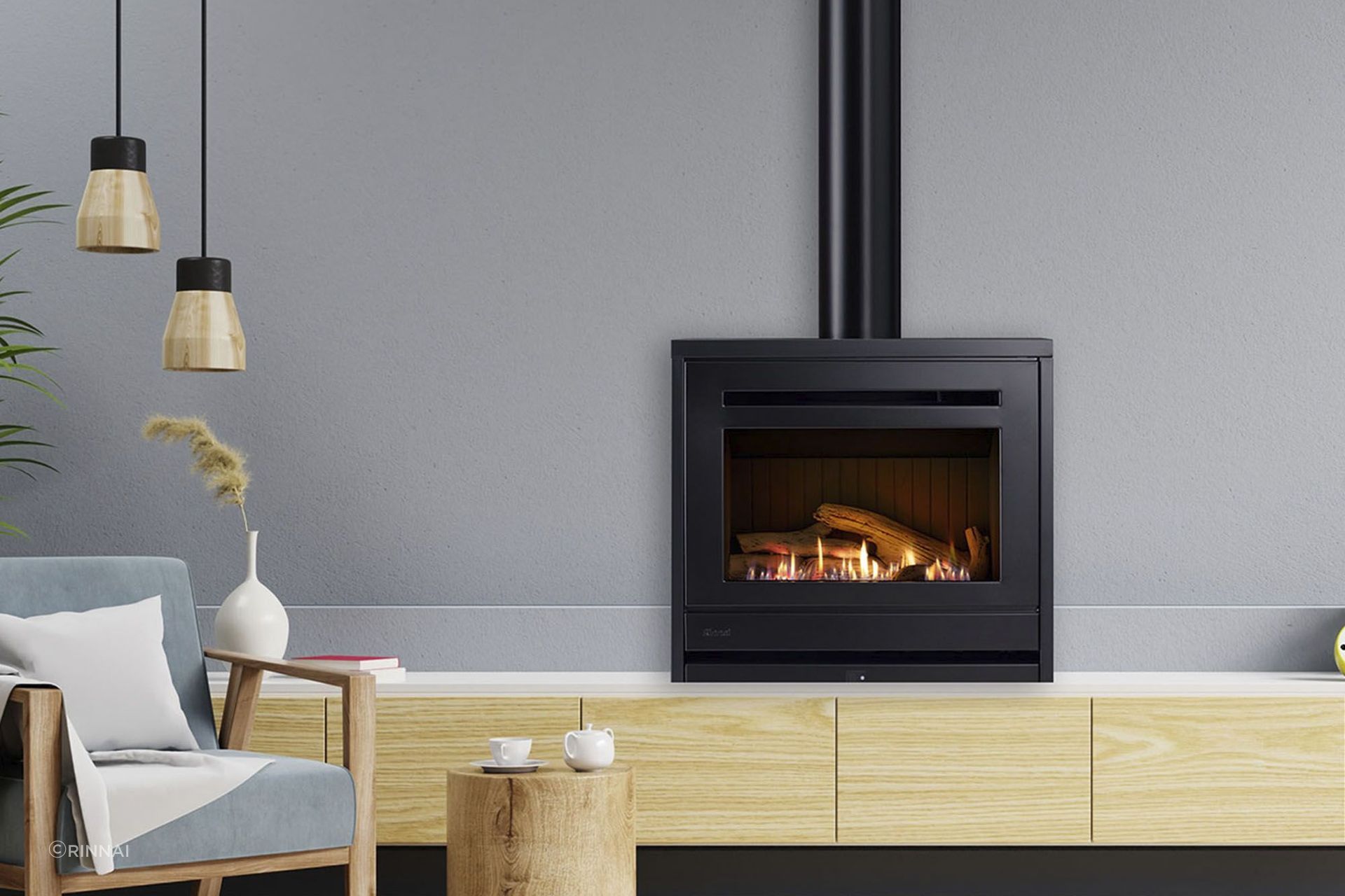Rinnai freestanding gas fireplace is ideal for keeping warm during winter months.