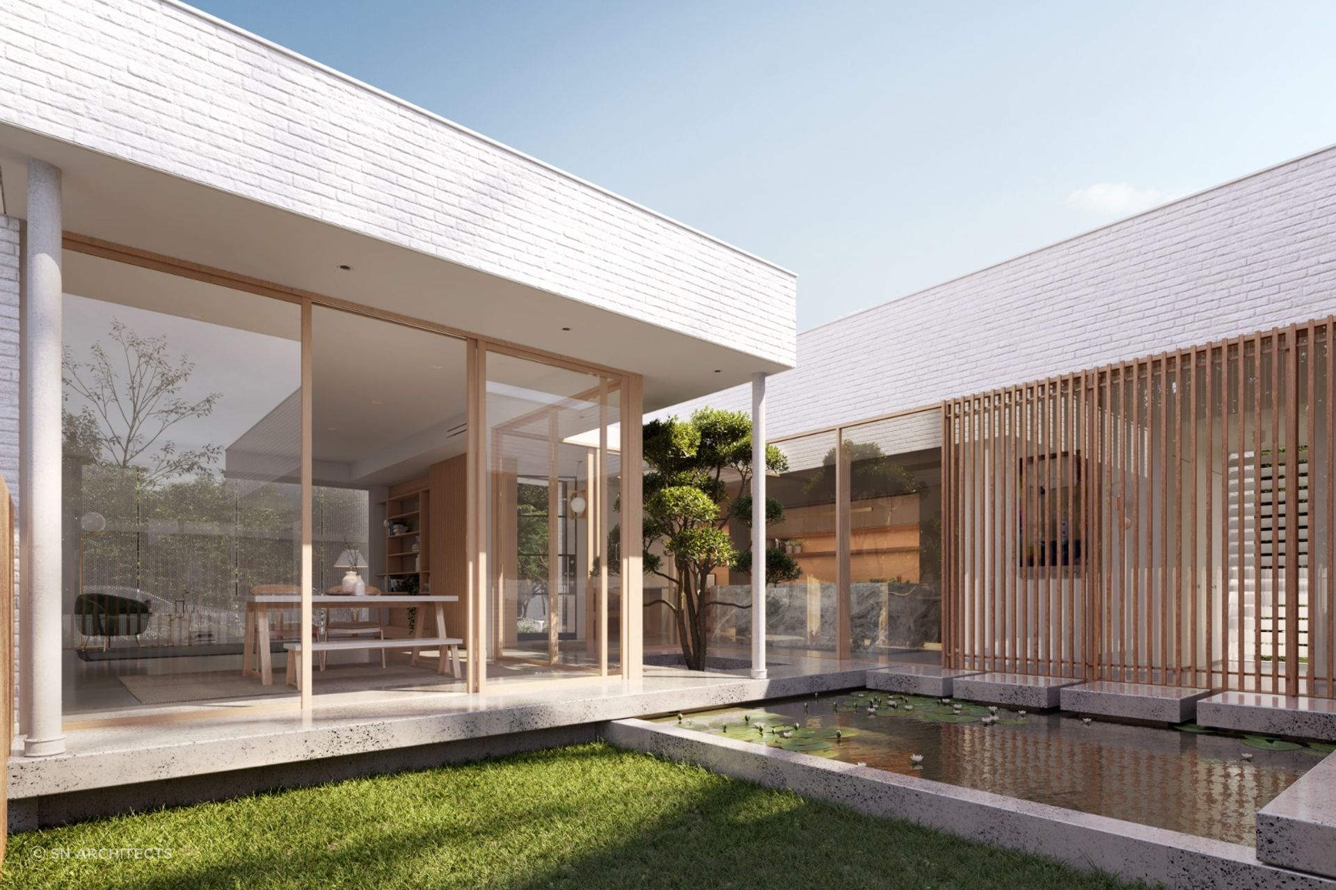 Open views of the courtyard harmoniously include elements of nature into the home