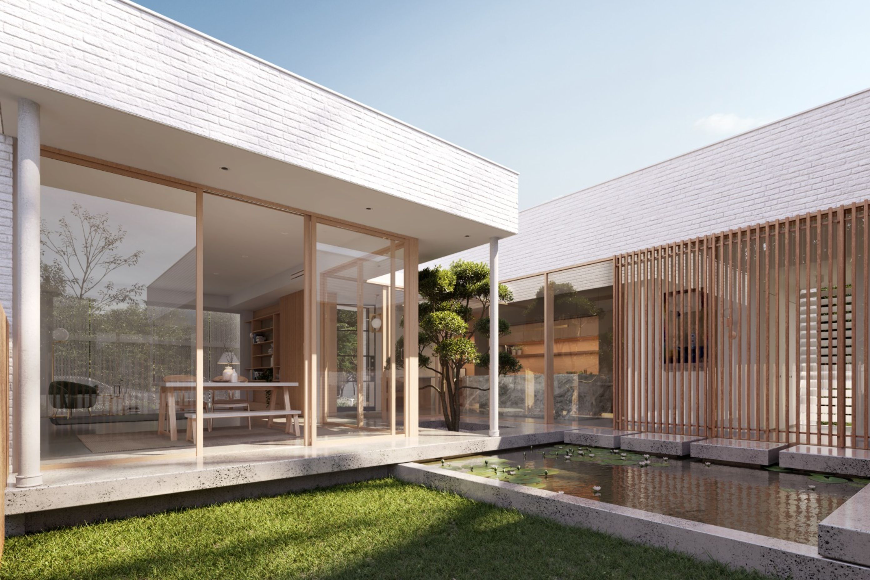 Open views of the courtyard harmoniously include elements of nature into the home