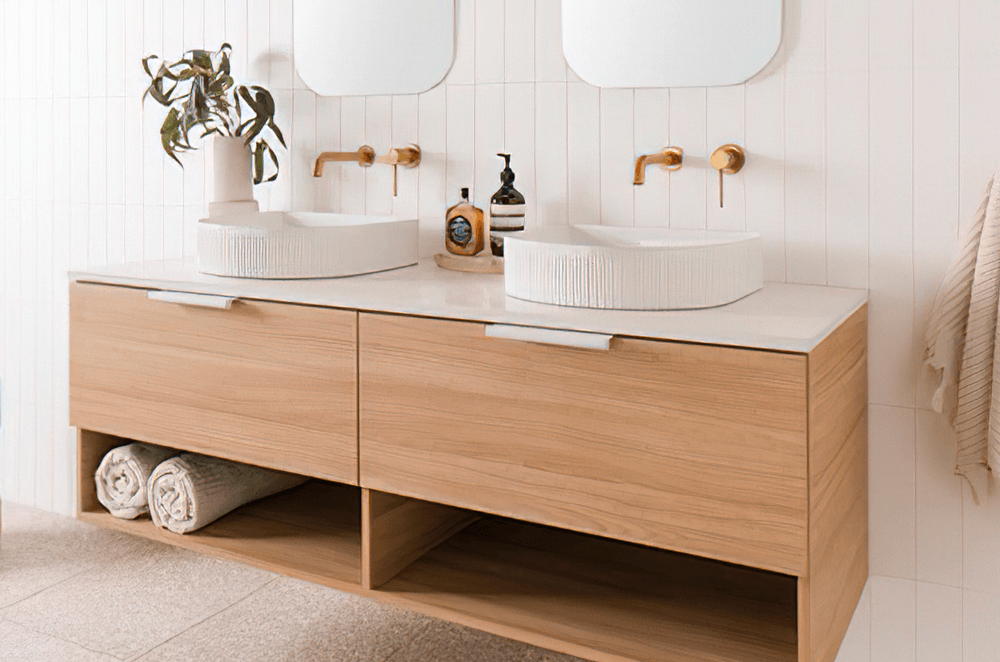Double vanity options like the Glacier Full Depth Shelf Vanity offer twice the space and twice the fun
