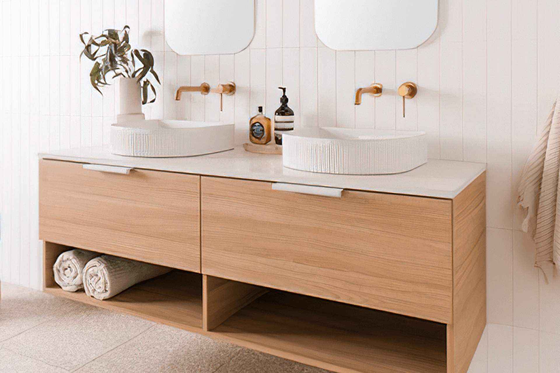 Double vanity options like the Glacier Full Depth Shelf Vanity offer twice the space and twice the fun