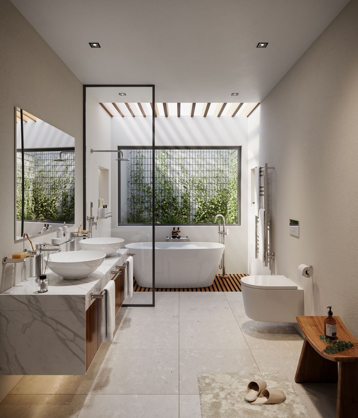 Glass shelves, towel rails, and shower racks keep everyday essentials organised.