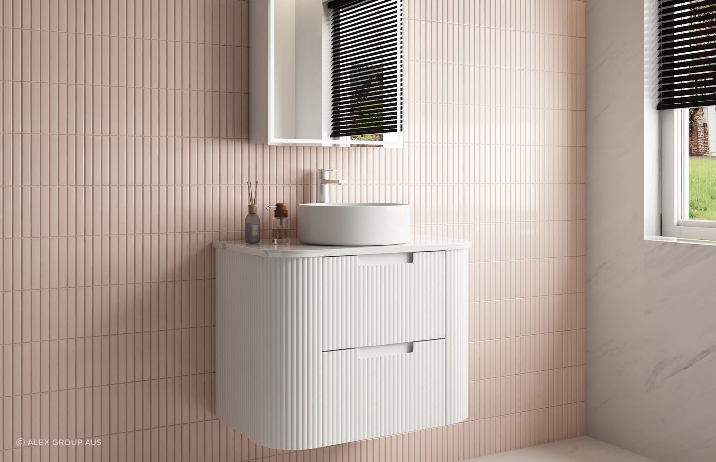 The Aulic Curva Wall Hung Vanity features a space-saving, wall-hung structure with curved ends and stacked drawers — the perfect choice for the modern home.