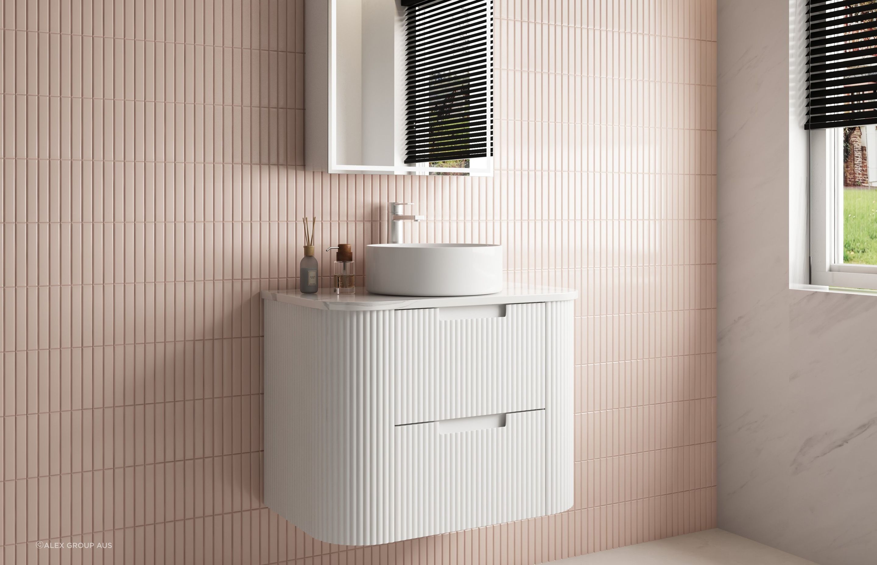 The Aulic Curva Wall Hung Vanity features a space-saving, wall-hung structure with curved ends and stacked drawers — the perfect choice for the modern home.