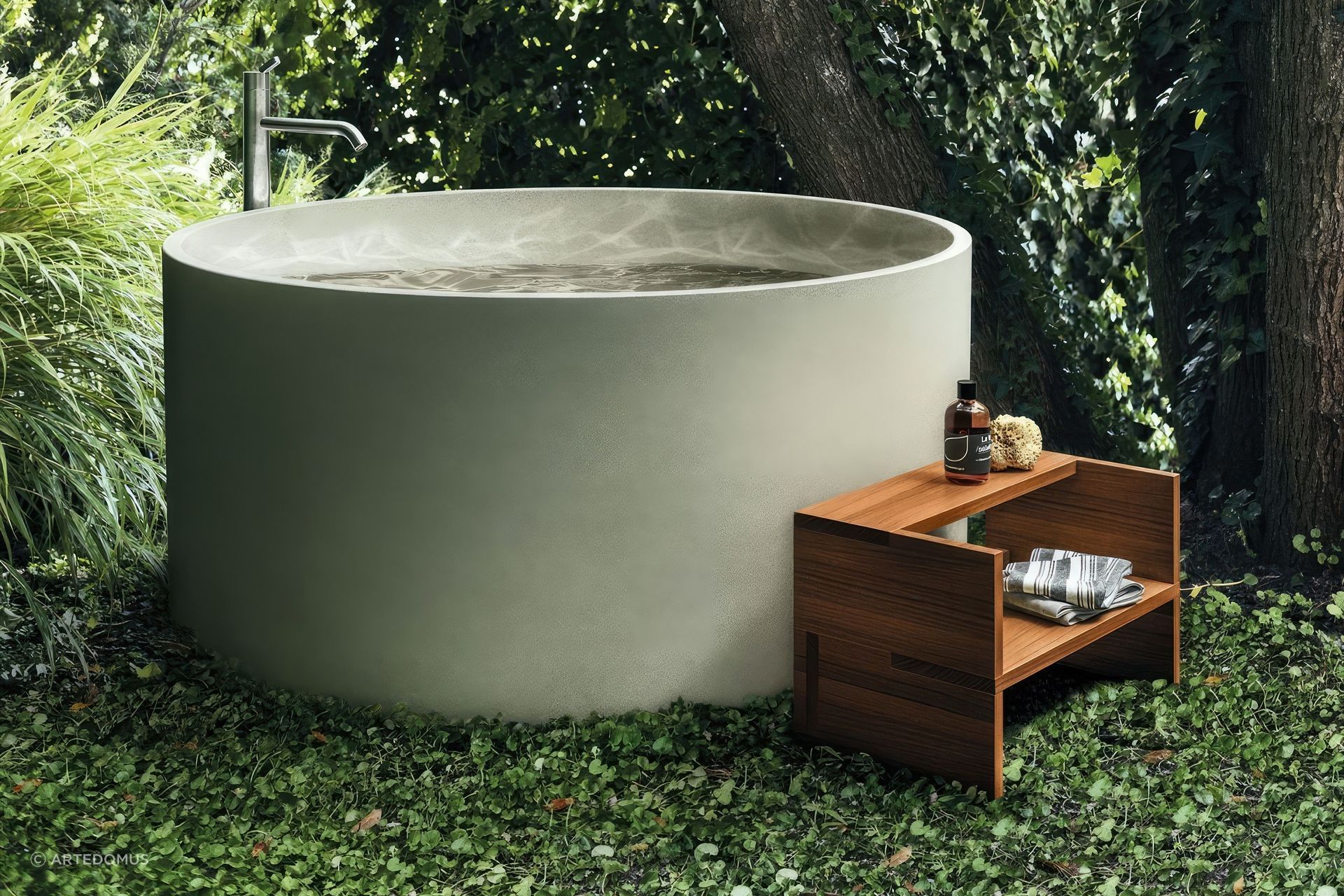 The Agape Cementoskin® In-Out Bathtub looks stunning inside or outside the home.