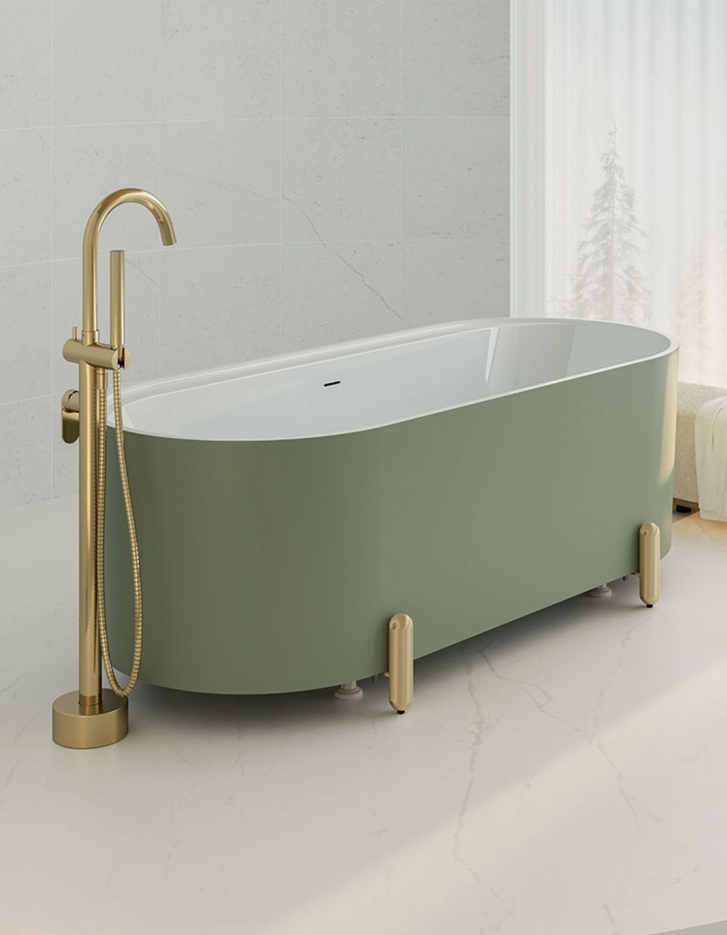 The beautiful finish in Olive for the Aluca Freestanding Bath brings a warm natural quality to any bathroom.