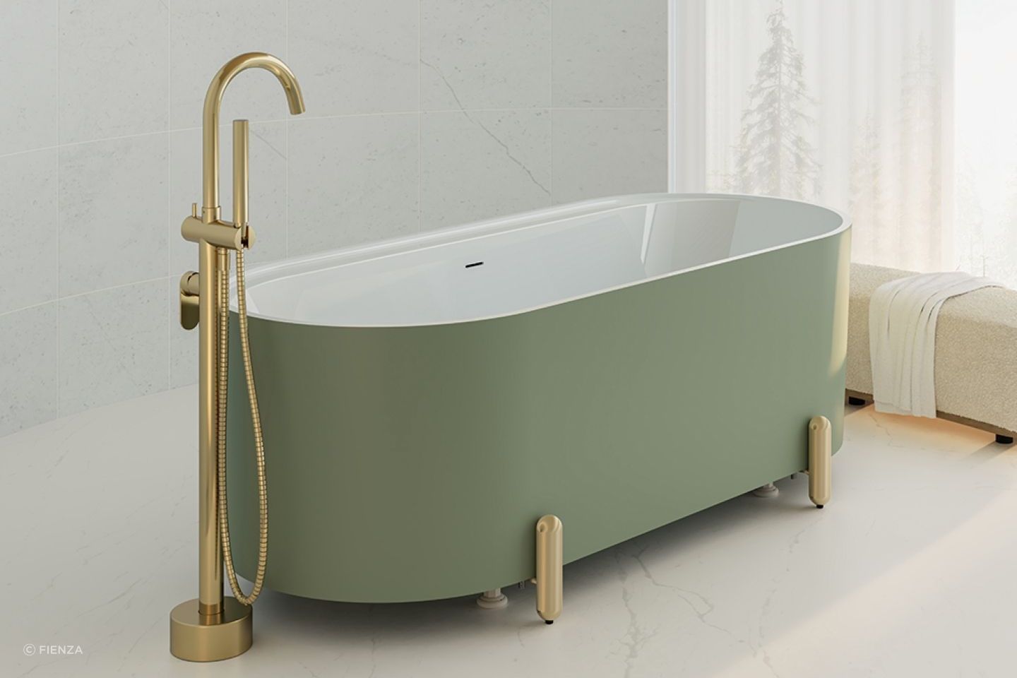 The beautiful finish in Olive for the Aluca Freestanding Bath brings a warm natural quality to any bathroom.