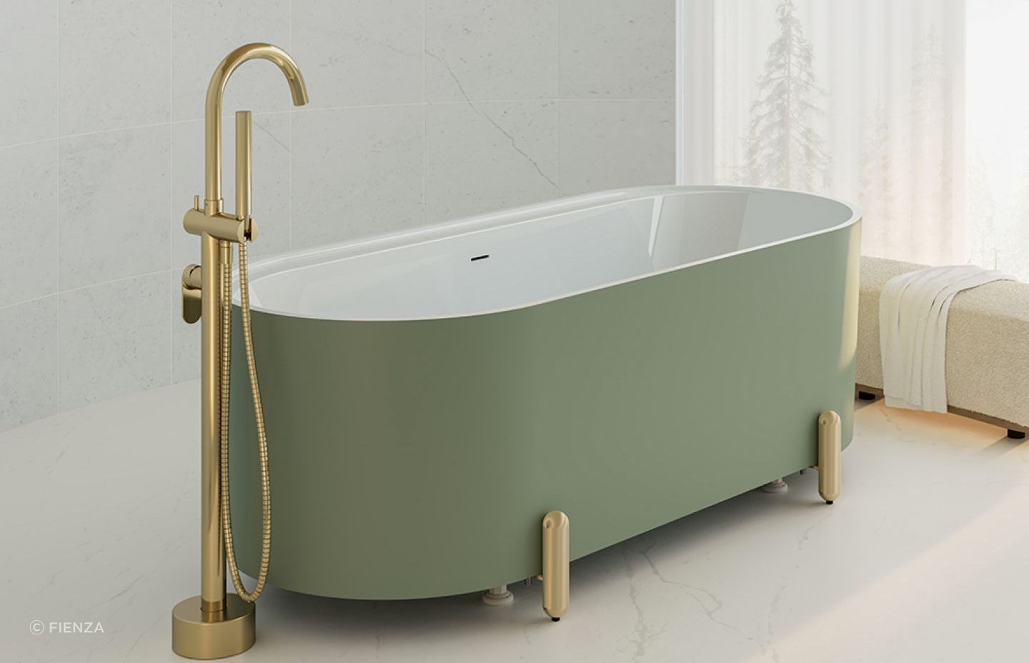 The beautiful finish in Olive for the Aluca Freestanding Bath brings a warm natural quality to any bathroom.