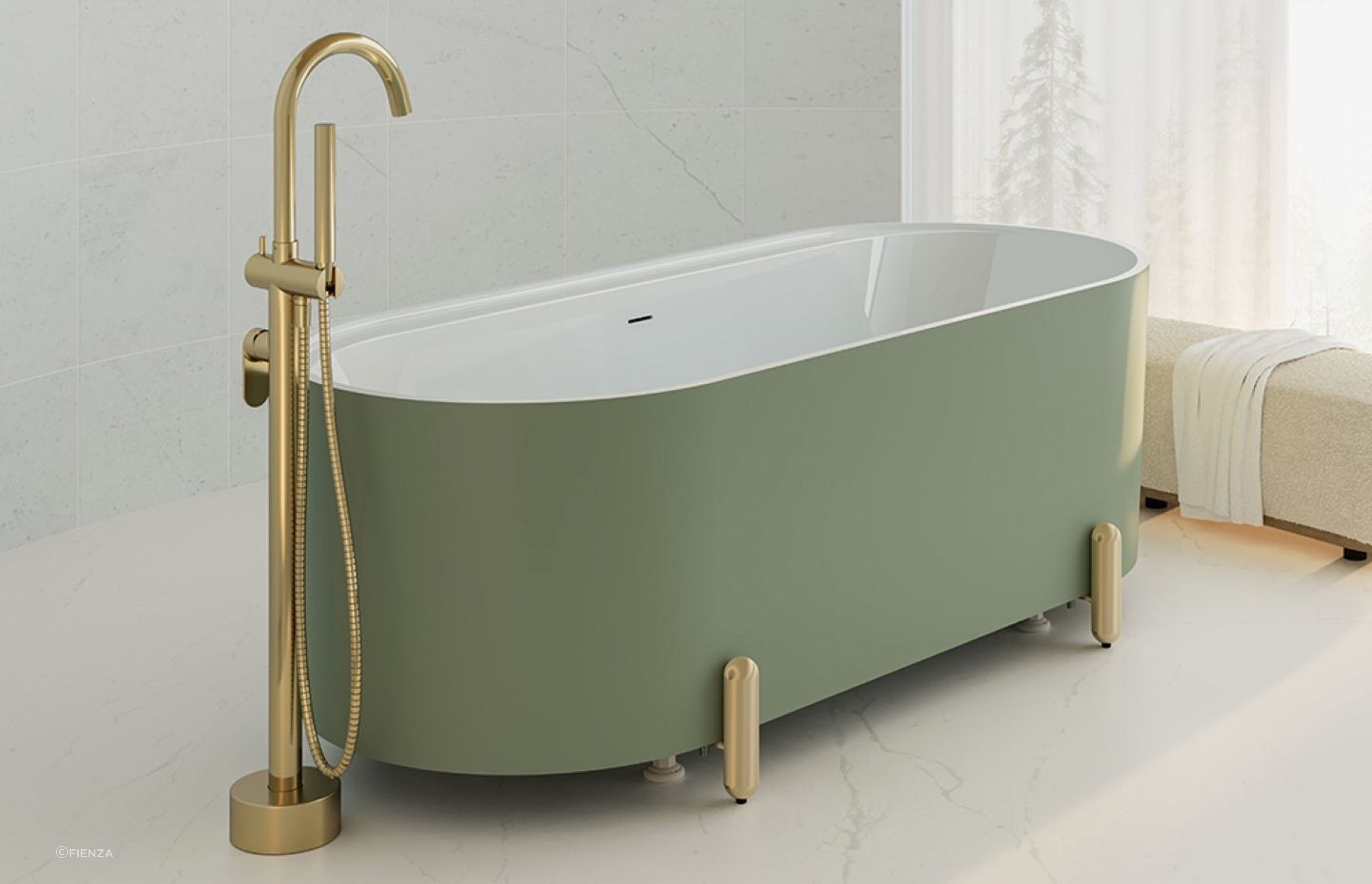 The beautiful finish in Olive for the Aluca Freestanding Bath brings a warm natural quality to any bathroom.