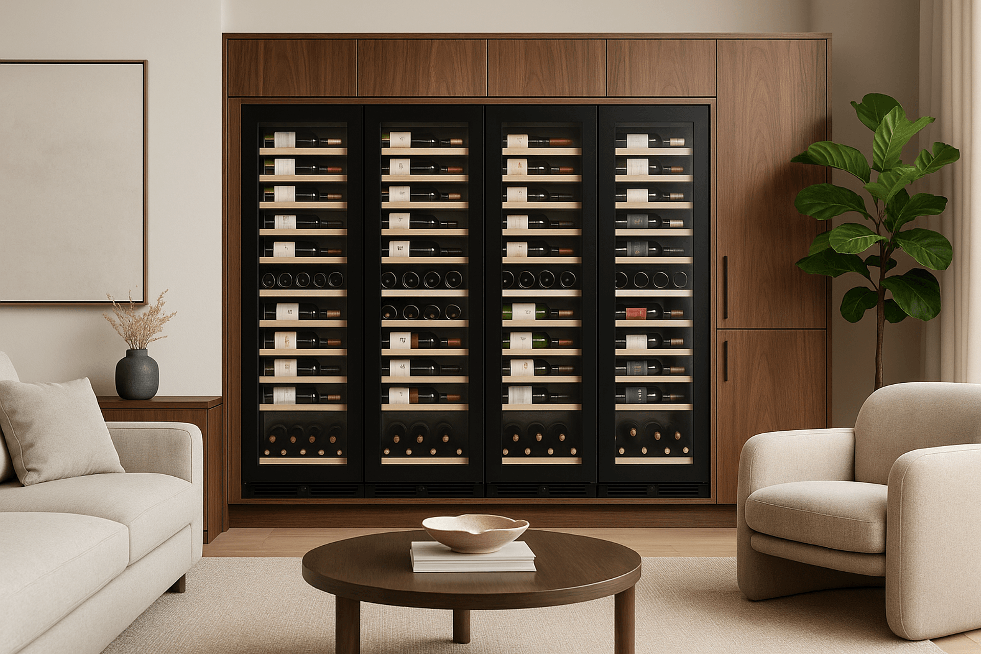 The Atelier Wine wall can be free-standing or built into a cabinet space; there is no requirements for major renovations like special insulation-lined walling, vapour barriers, expensive climate control units or significant renovation costs. You simply purchase the selection of Atelier that you like, have a cabinet made up by your local carpenter and enjoy. You get all the benefits of accurate climate control, multi-zone temperatures, without the costs, time or headaches of upkeep.
