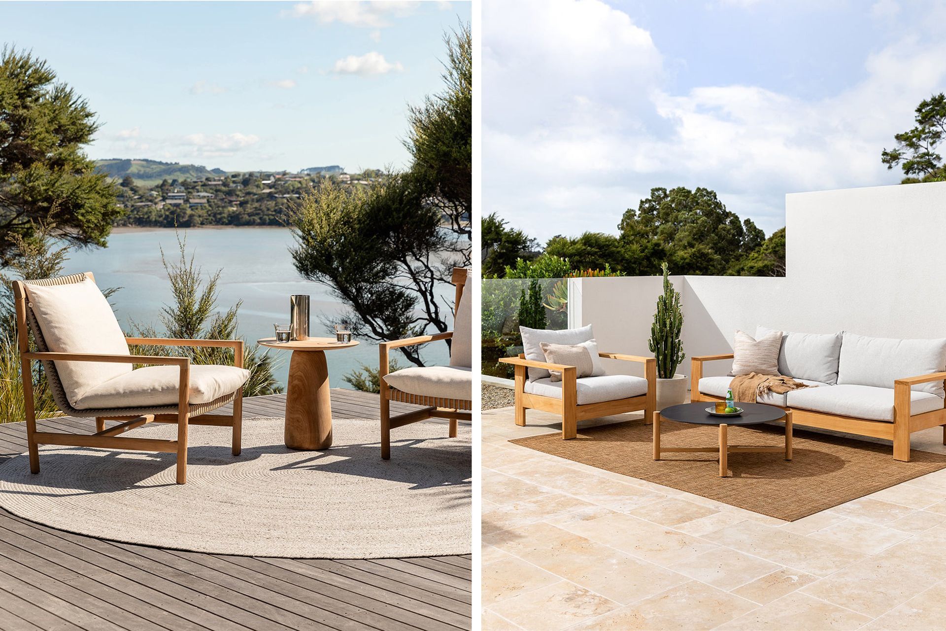 Left: Baya Mornington Outdoor Rug - Pale Sand. Right: Baya Noumea Outdoor Rug