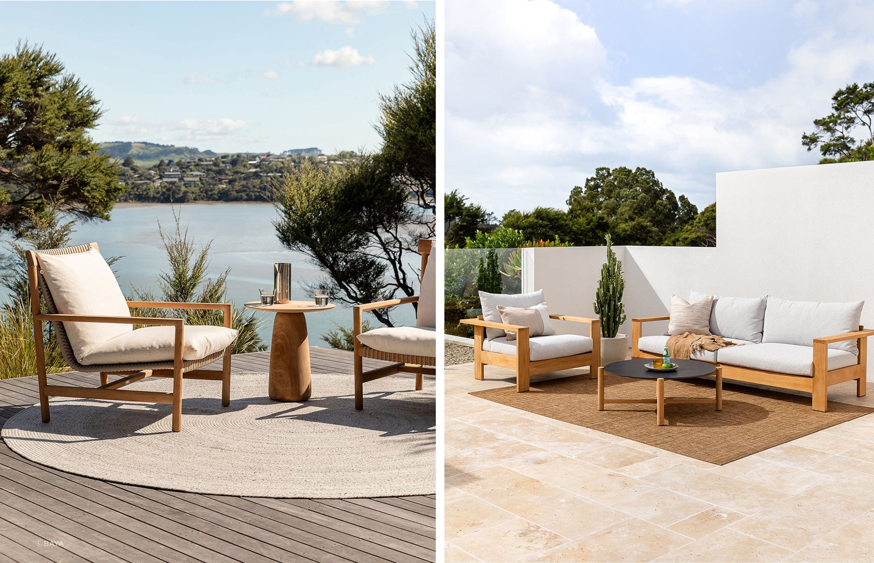 Left: Baya Mornington Outdoor Rug - Pale Sand. Right: Baya Noumea Outdoor Rug