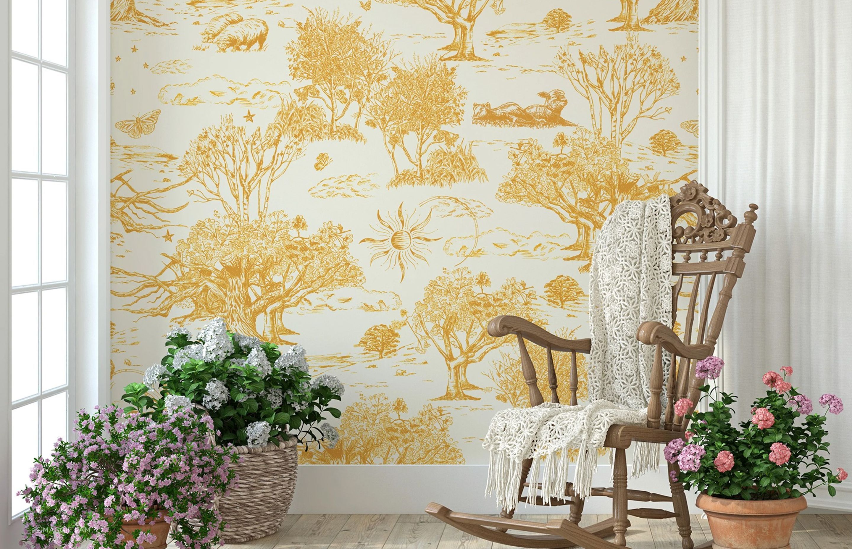 Kowhai, Manuka and spring lambs — iconic motifs of New Zealand captured in the delightful Blue Wonder in Golden Glow.