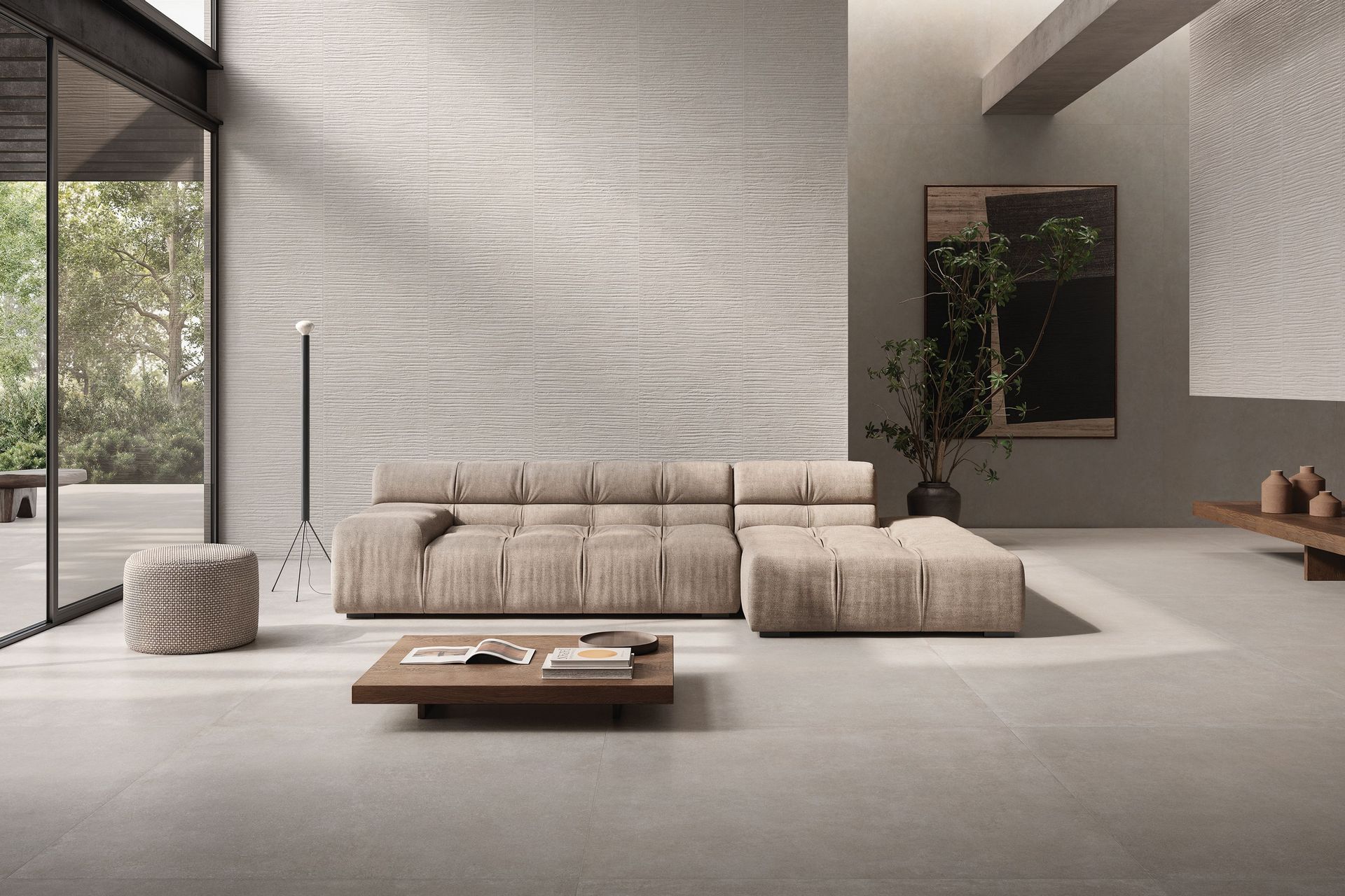 In large formats, cement-like texture on the floor paired with lineal texture on the walls creates contemporary yet tactile space.