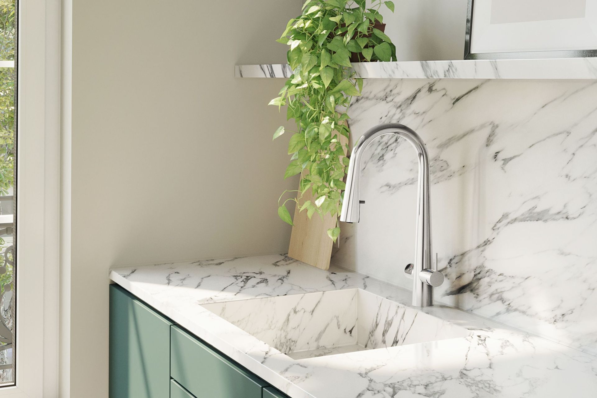 The Celsius Plus All-In-One Pull-Out in chrome is the perfect foil for pale interiors, and supports a clean, minimalist aesthetic.