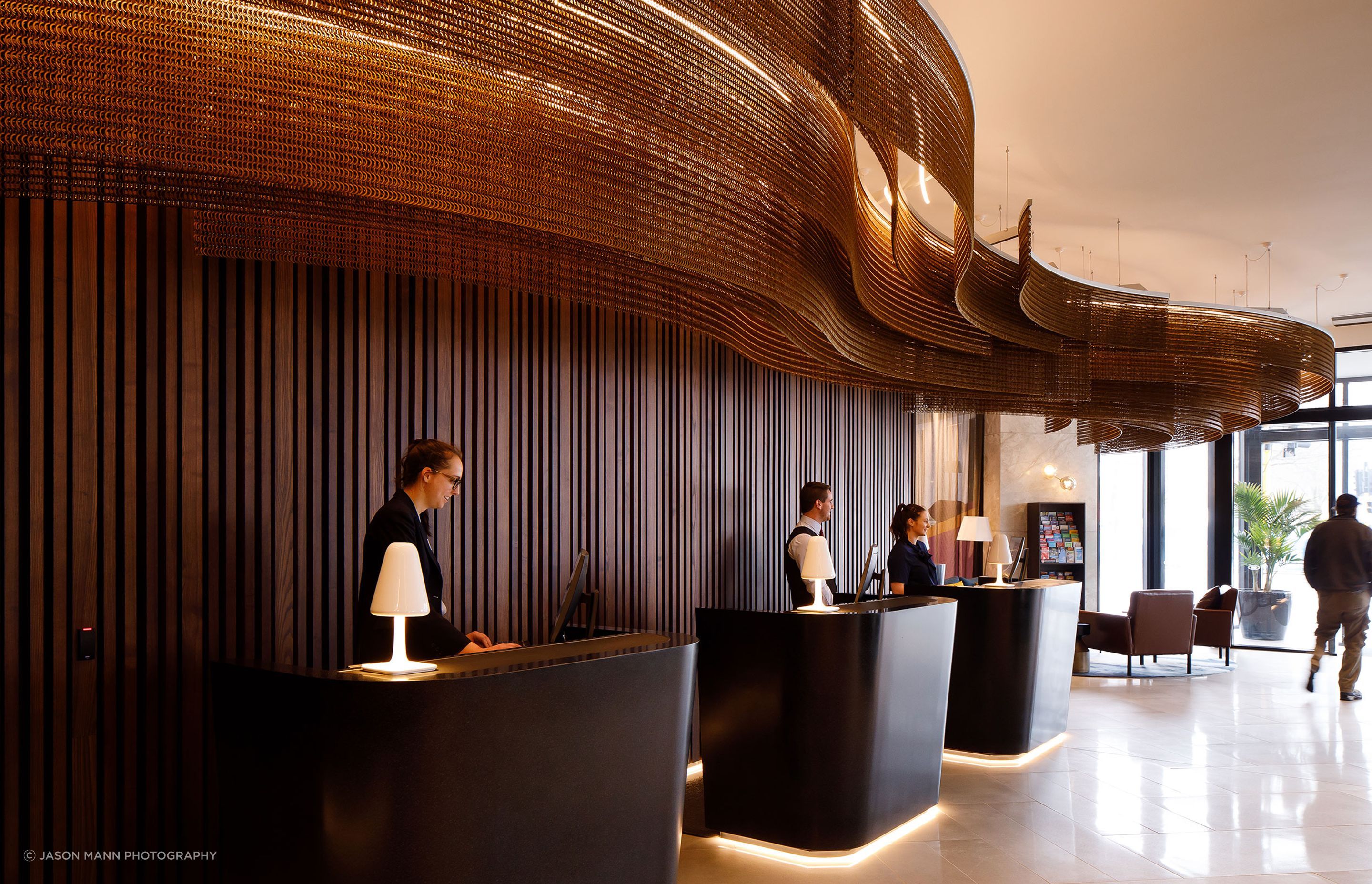 An architectural mesh ceiling feature at Crowne Plaza Hotel in Christchurch.