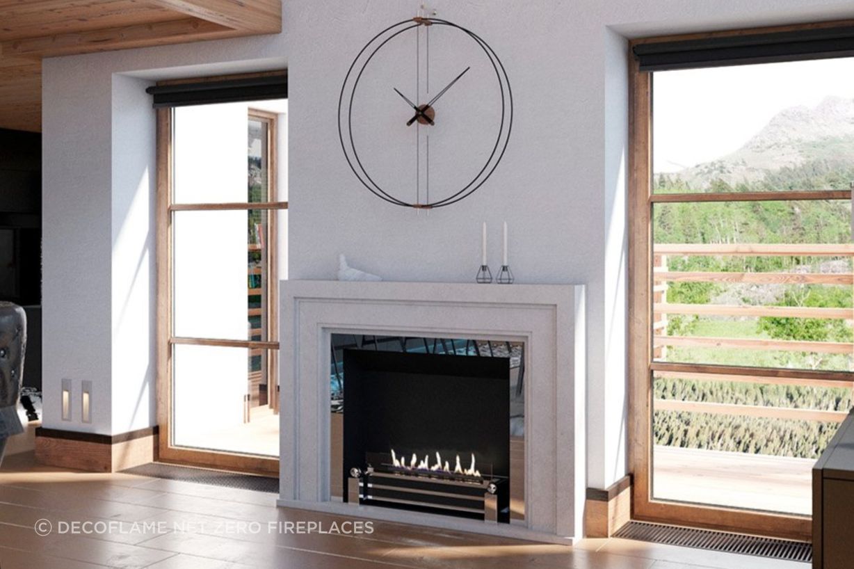 A classic fireplace by Decoflame Net Zero Fireplaces realistically imitates a traditional design.