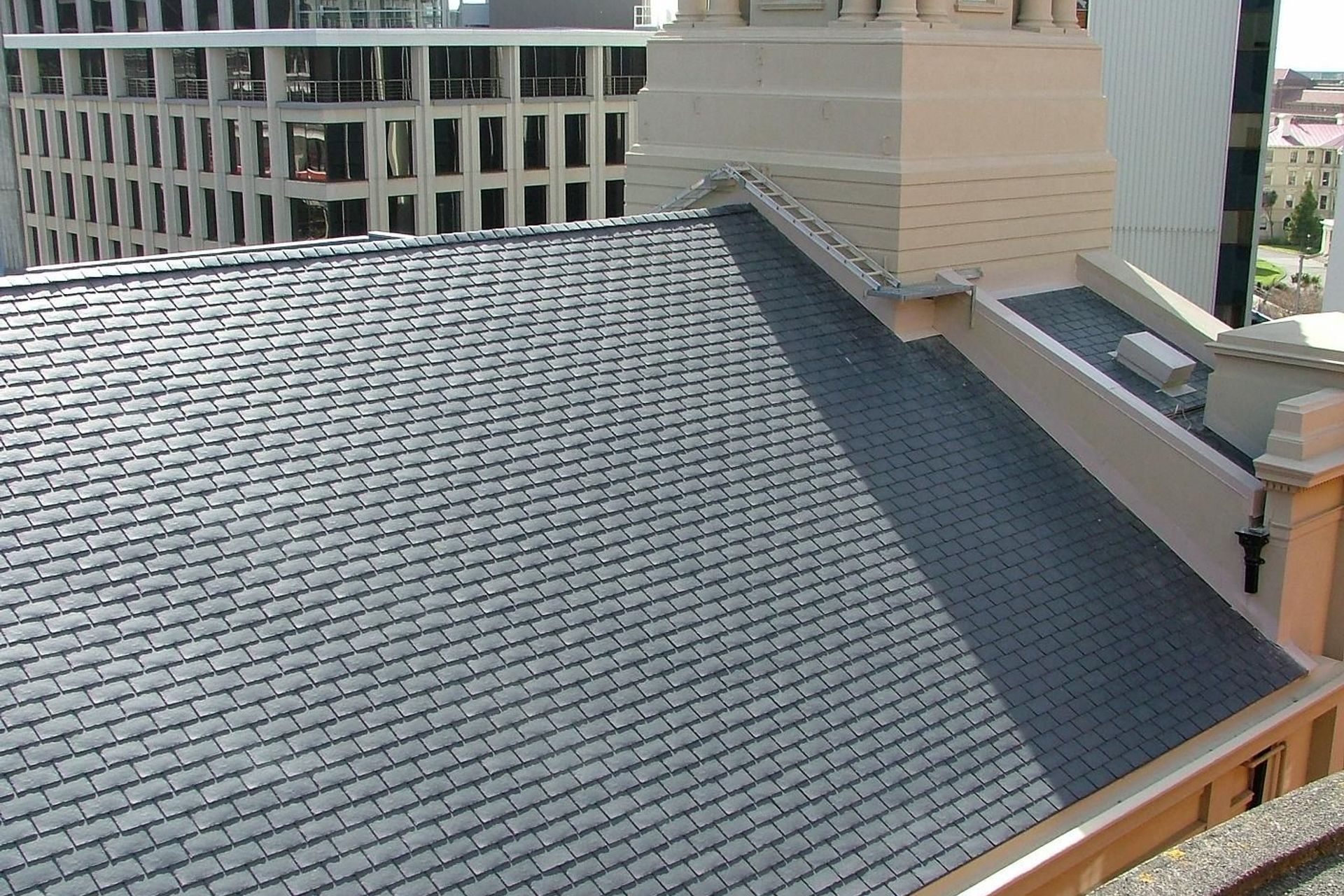 The 550m2 St Andrews Church re-roof project was installed over a two month period using Viking EcoStar Majestic Slate tiles in Midnight Grey.