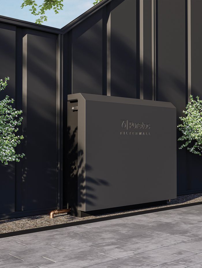 Puretec’s freestanding FilterWall reduces the flow of sediment, chlorine and chemicals from the start of a home’s mains water source. 